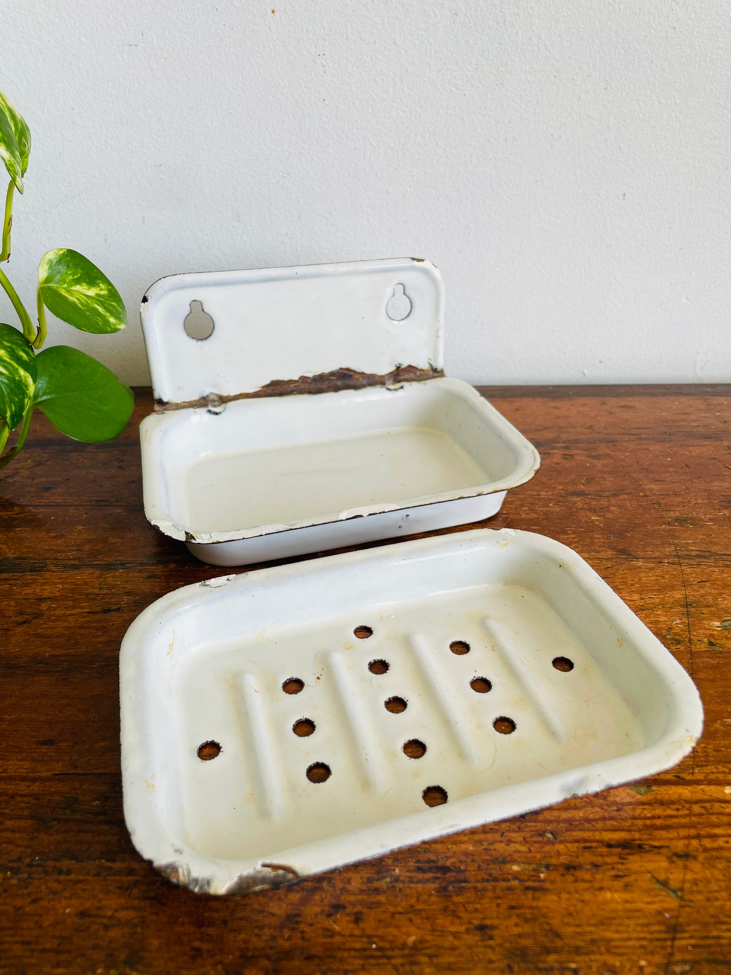 Vintage White Enamel Wall Mount Two Part Soap Dish - Removable Drainage Tray  - Can Stand or Hang - Modern Cottage Farmhouse