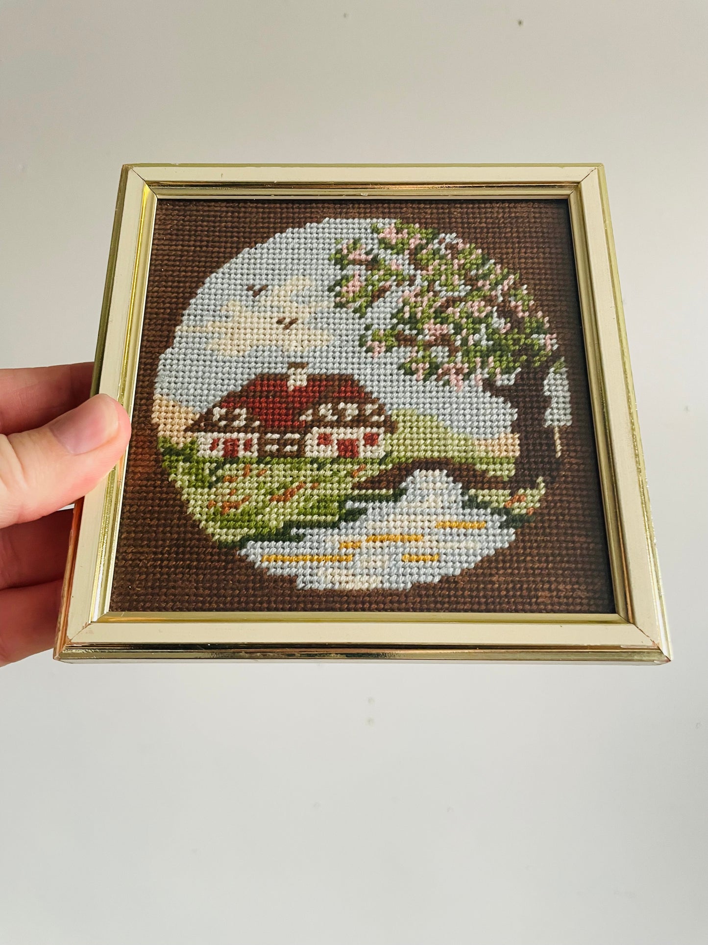 Vintage Mini Needlepoint Embroidery Picture in Square Frame - Spring Season - Red Roof House Beside River with Cherry Blossoms