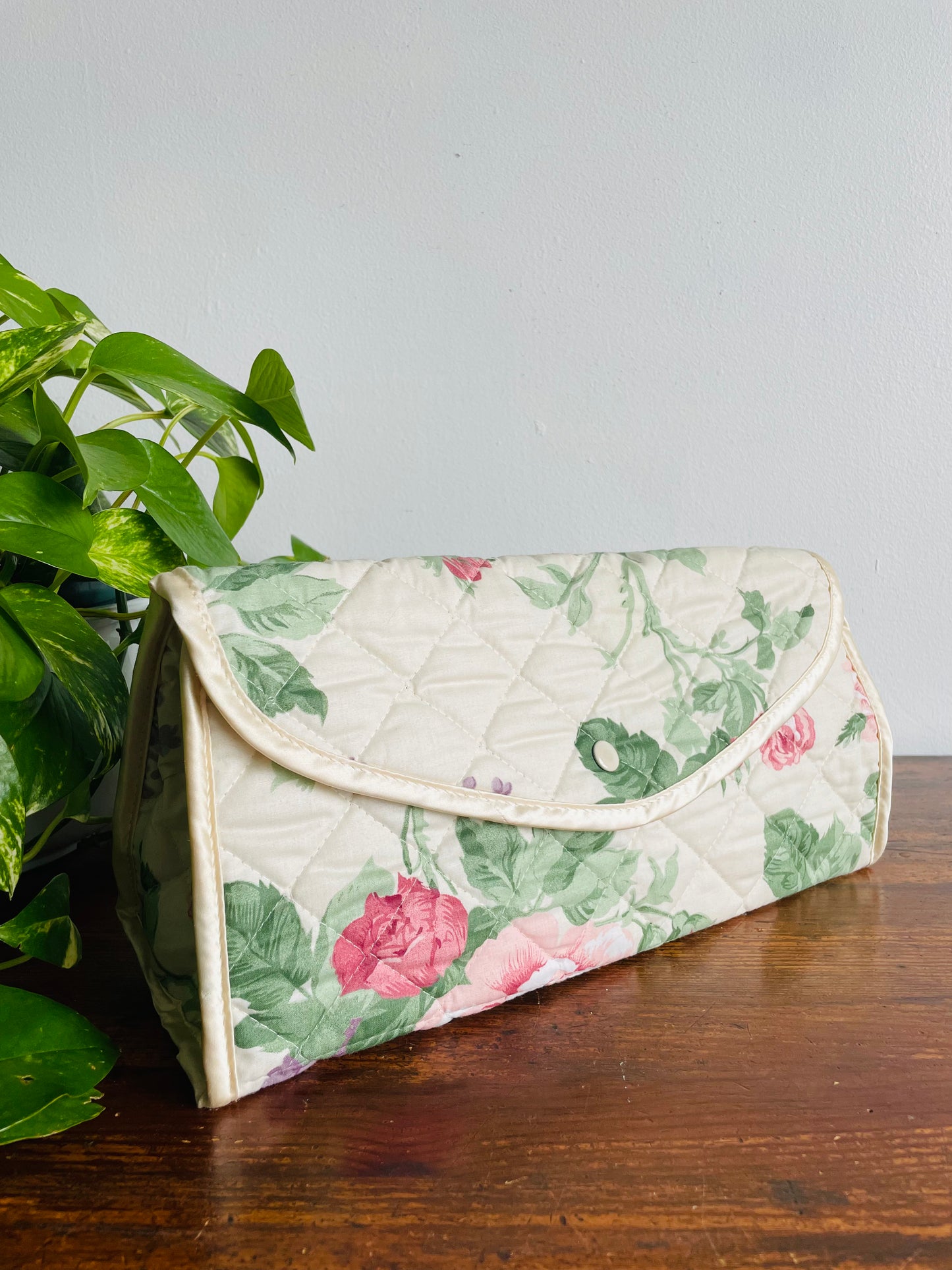 Quilted Floral Fabric Toiletry Case or Travel Bag with Lined Interior - Zips & Snaps Closed