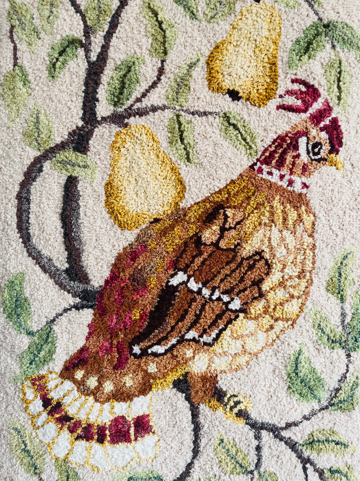 Vintage Stunning Partridge Bird in a Pear Tree Handmade Rug Hooking in Solid Wood Frame - No Shipping