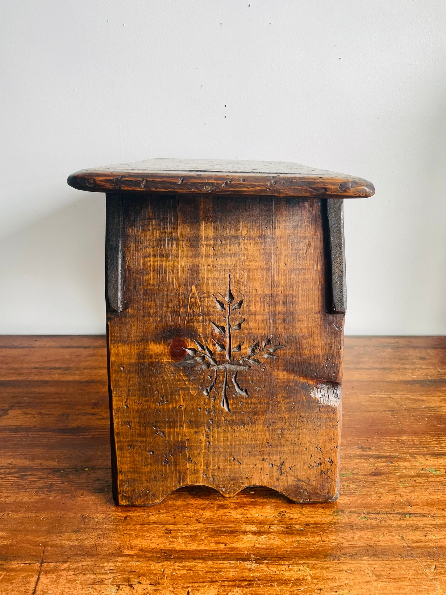 Vintage Wooden Stool Bench or Short Side Table with Carved Bird & Leaf Design - No Shipping