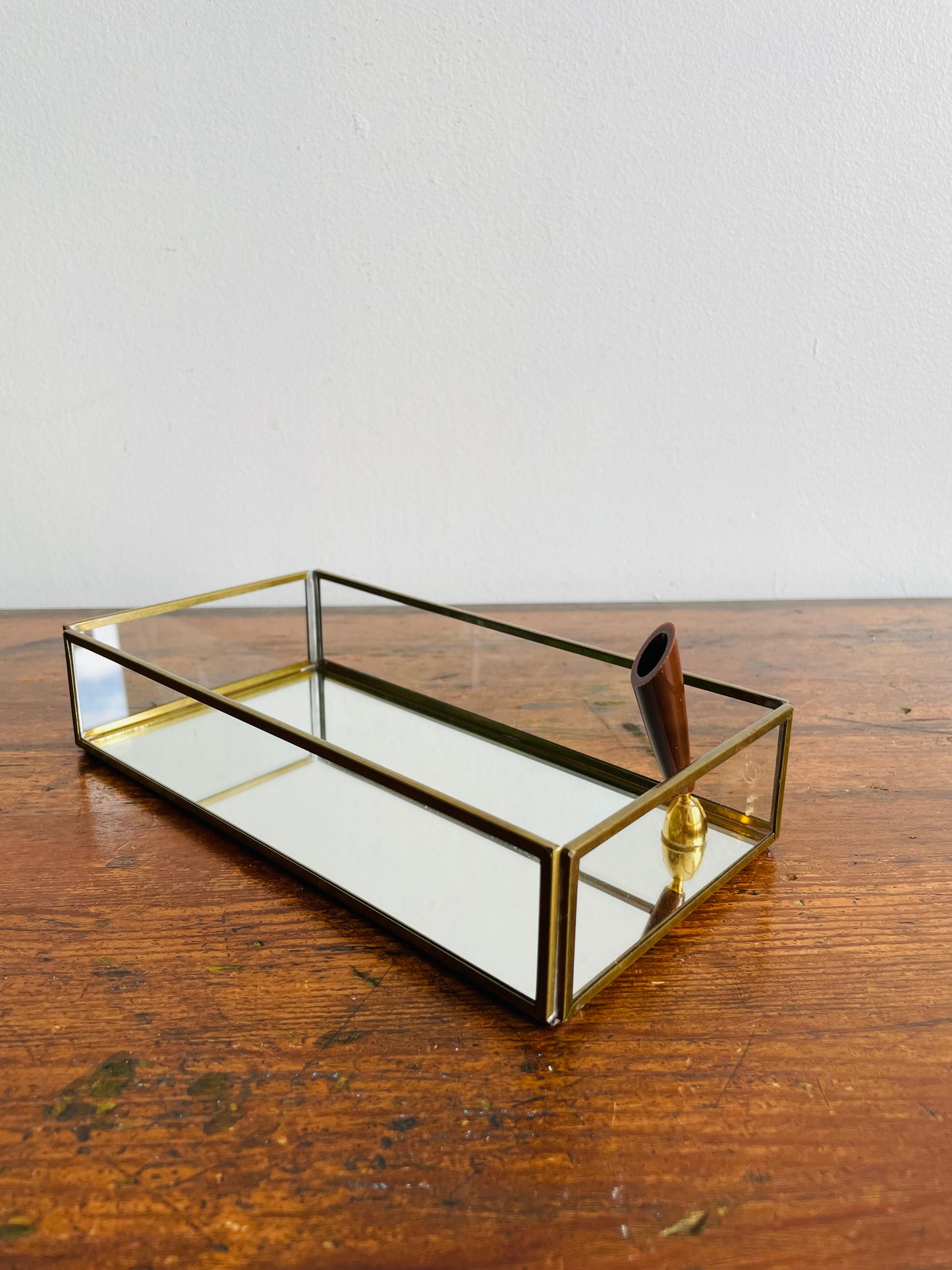 Brass Mirrored Box with Pen Holder - Great for Business Cards, Office Supplies, Etc.