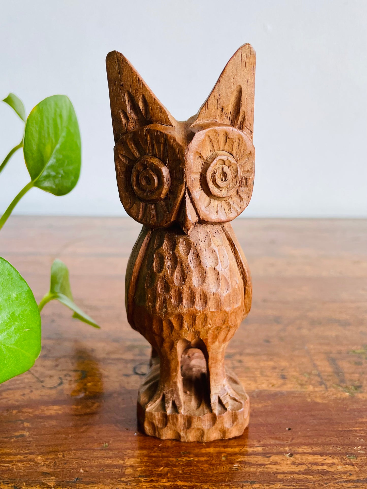 Vintage Mid-Century Modern Hand Carved Wood Owl Statue Figurine with Big Eyes