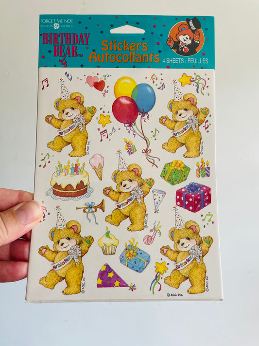 Brand New Vintage School Teacher Classroom Supplies - Forget Me Not American Greetings Birthday Bear Stickers - 4 Sheets