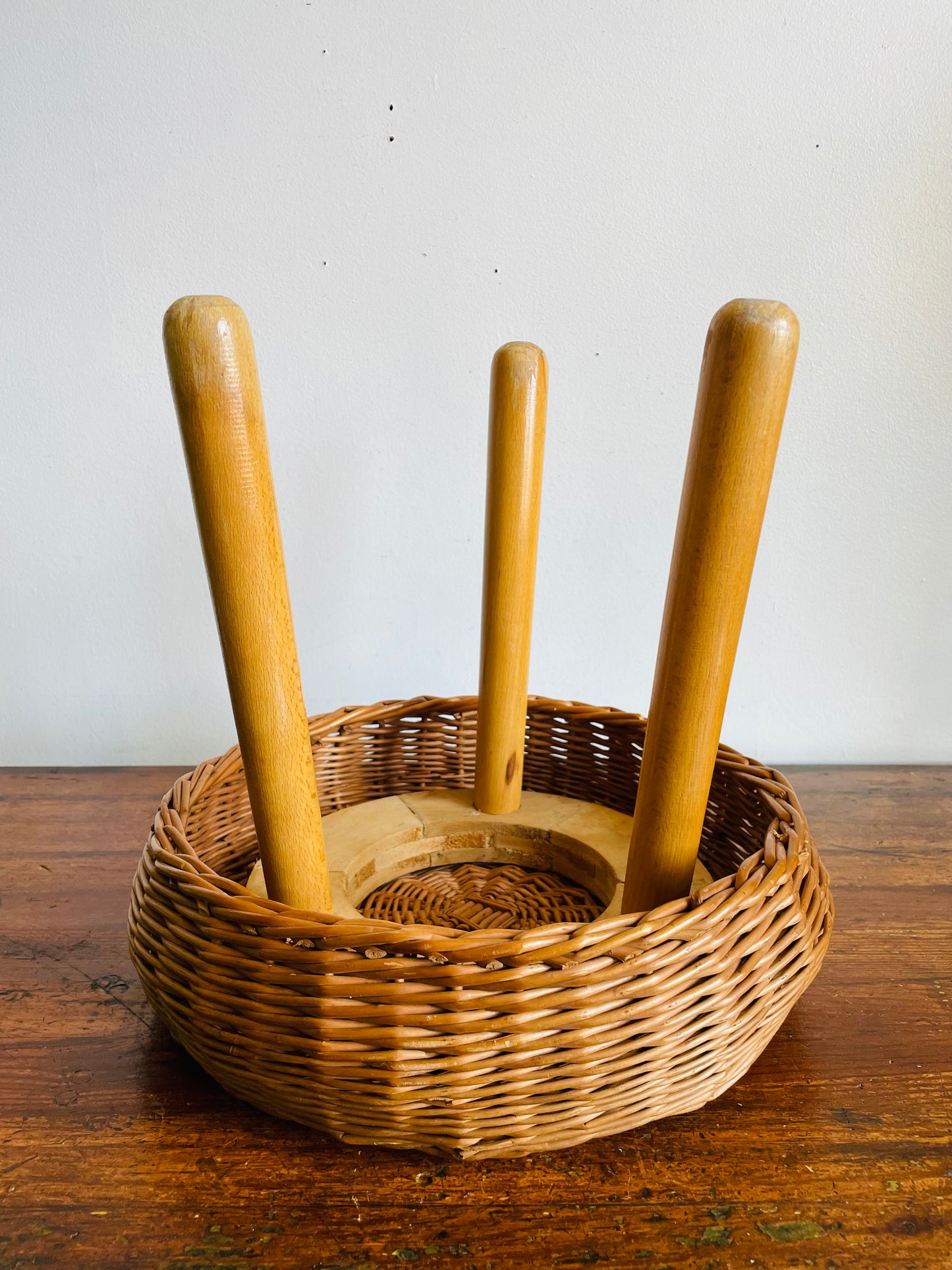 Vintage Mid-Century Modern Tony Paul Attributed Style Wood & Wicker Footrest Stool or Small Side Table with Tripod Spindle Legs