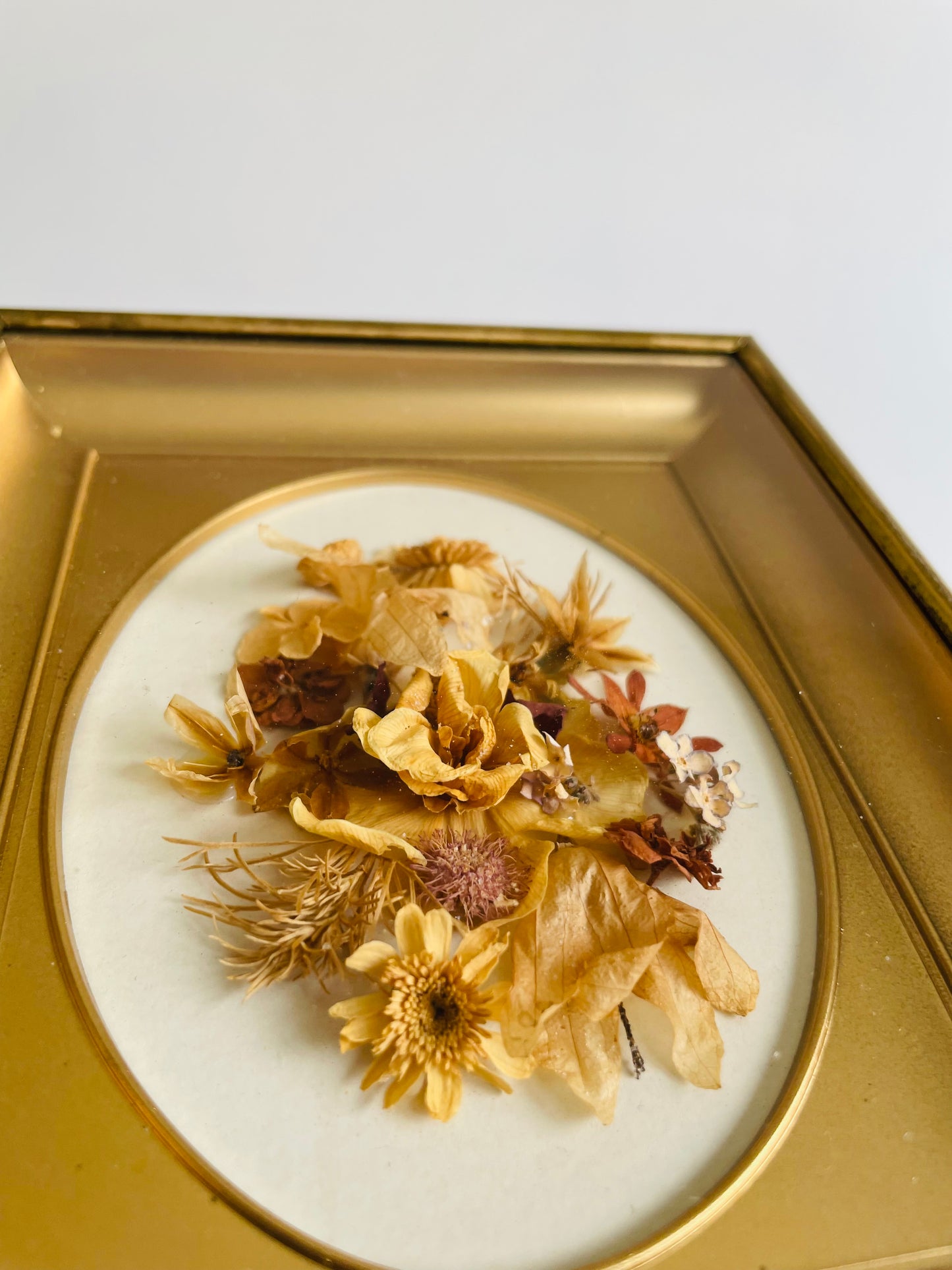 Dried Flower Arrangement - Oval Gold with Brass Shadow Box Frame - Easel Prop for Standing