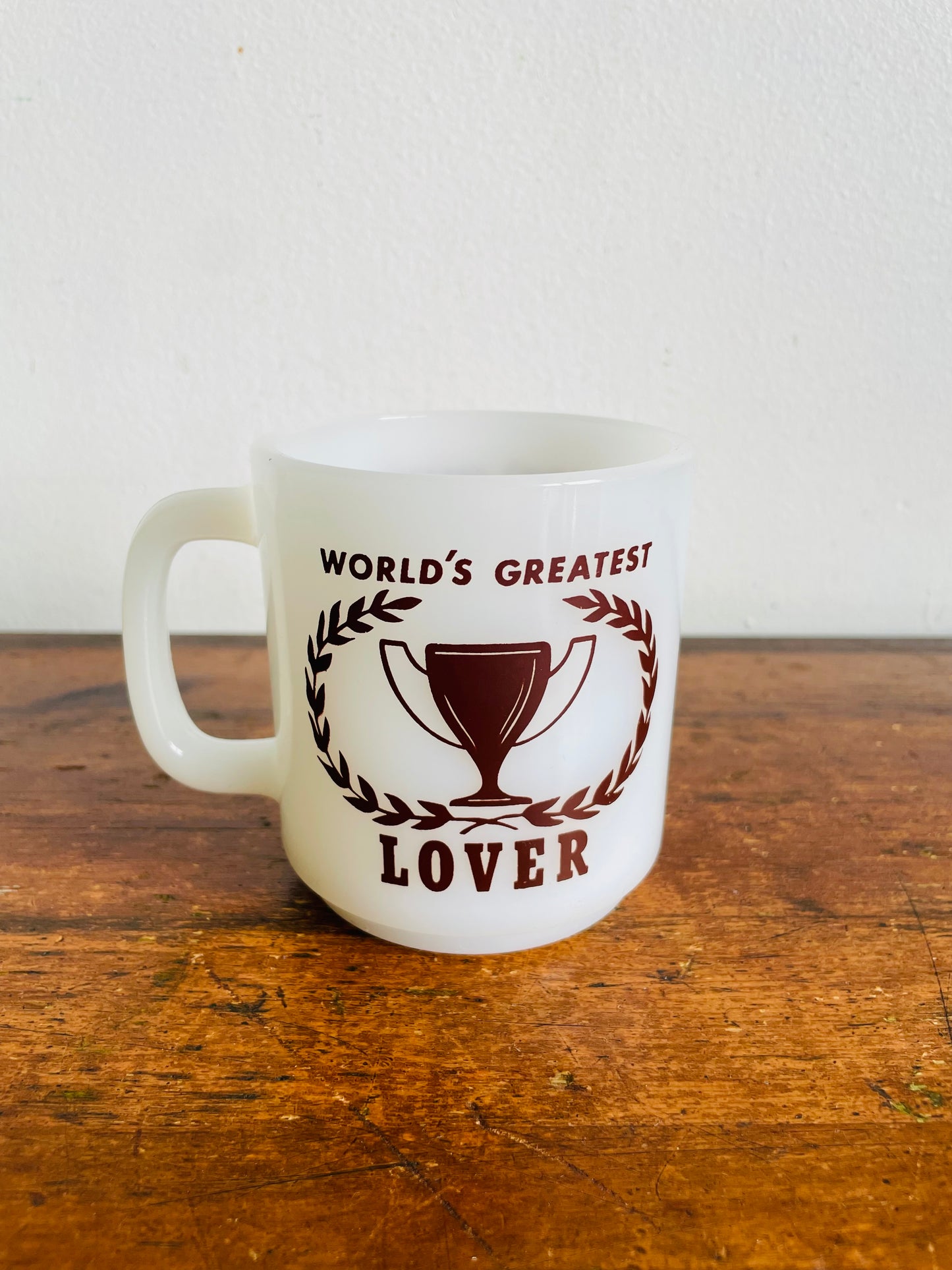 Vintage 1979 World's Greatest Lover Glasbake Milk Glass Mug