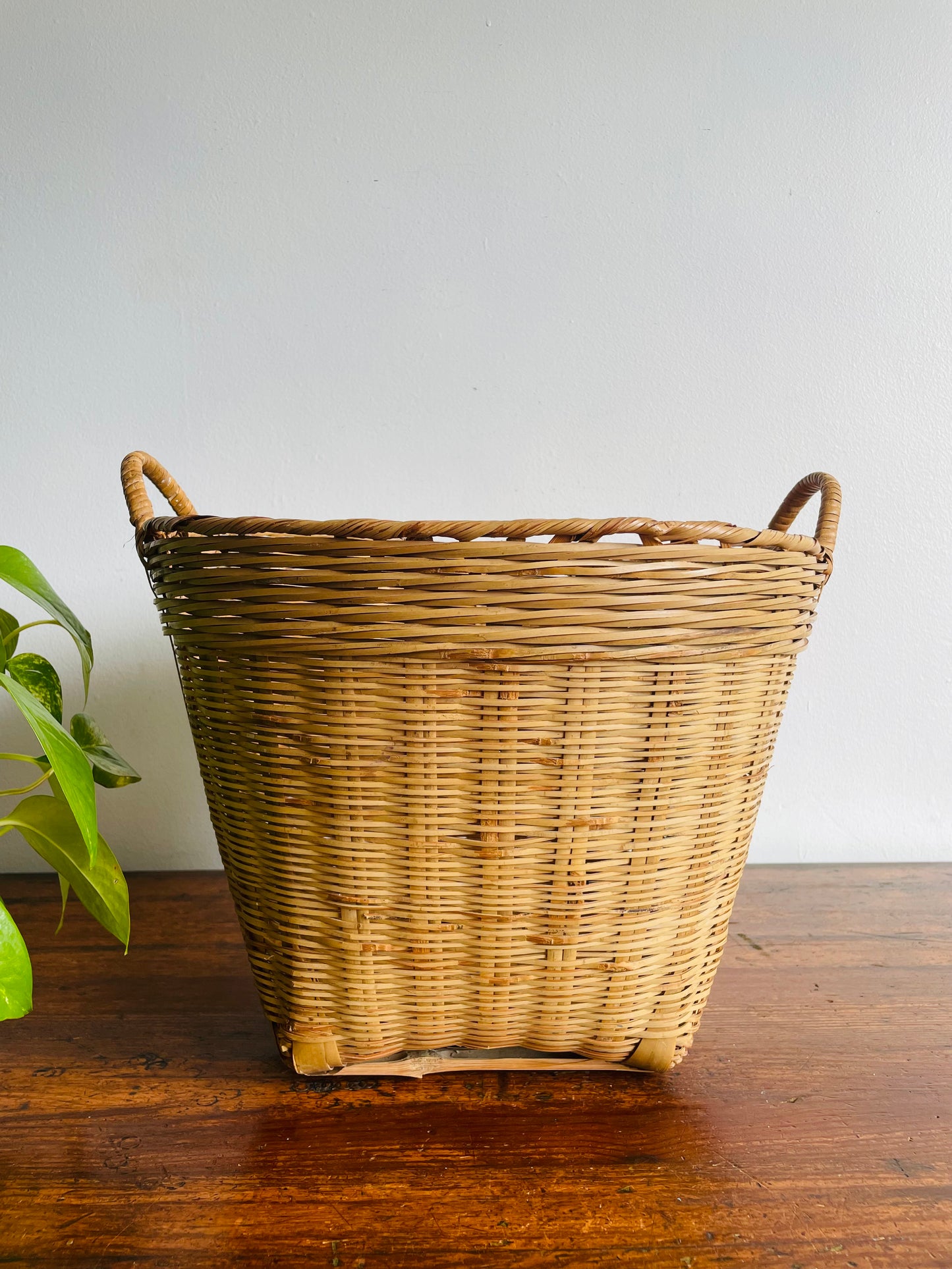 Large Wicker & Bamboo Square Base Basket with Handles - Makes a Great Plant Holder!