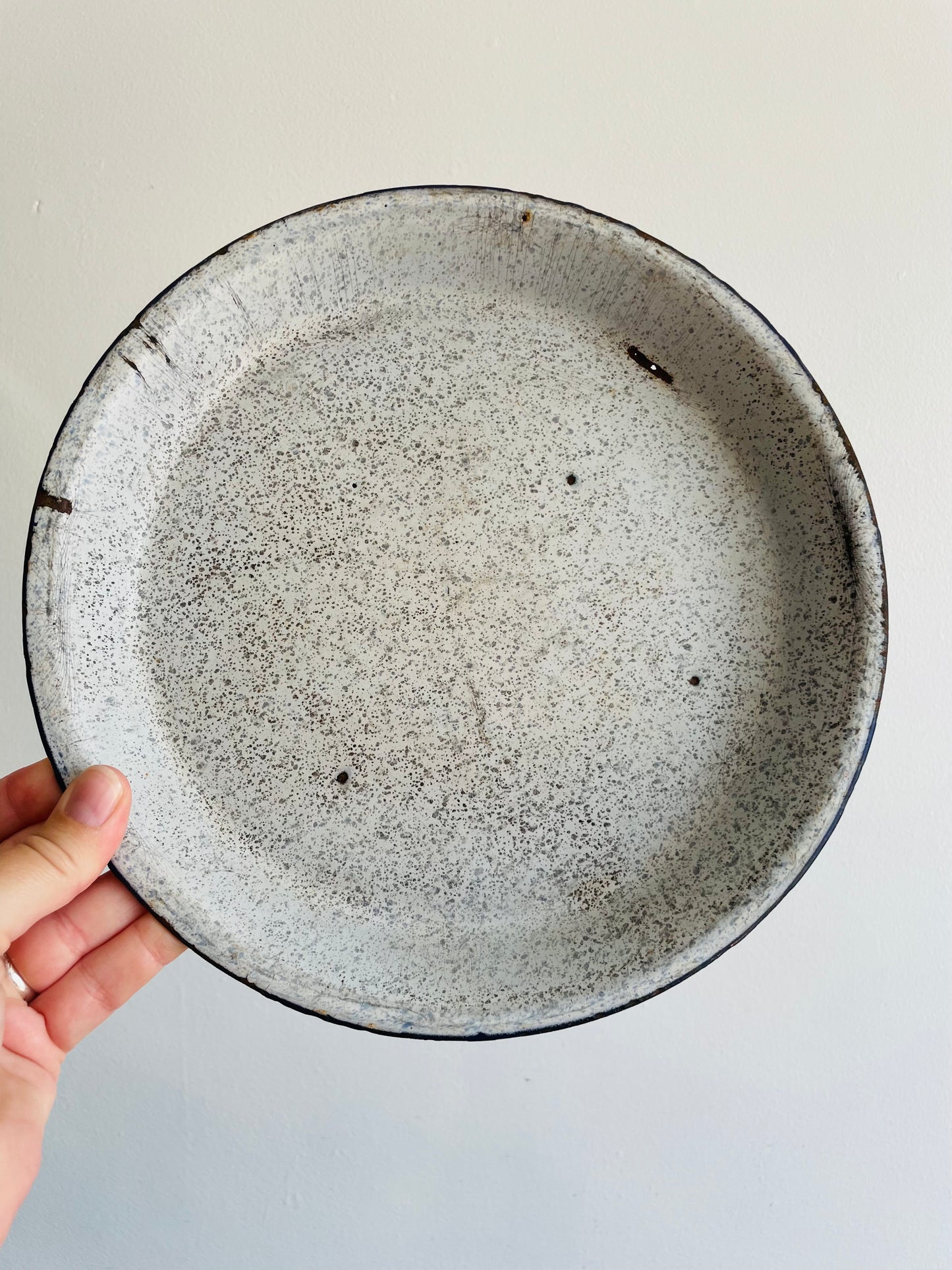 Pair of Graniteware Enamelware Pie Dishes or Plates - Speckled White & Blue - Set of 2