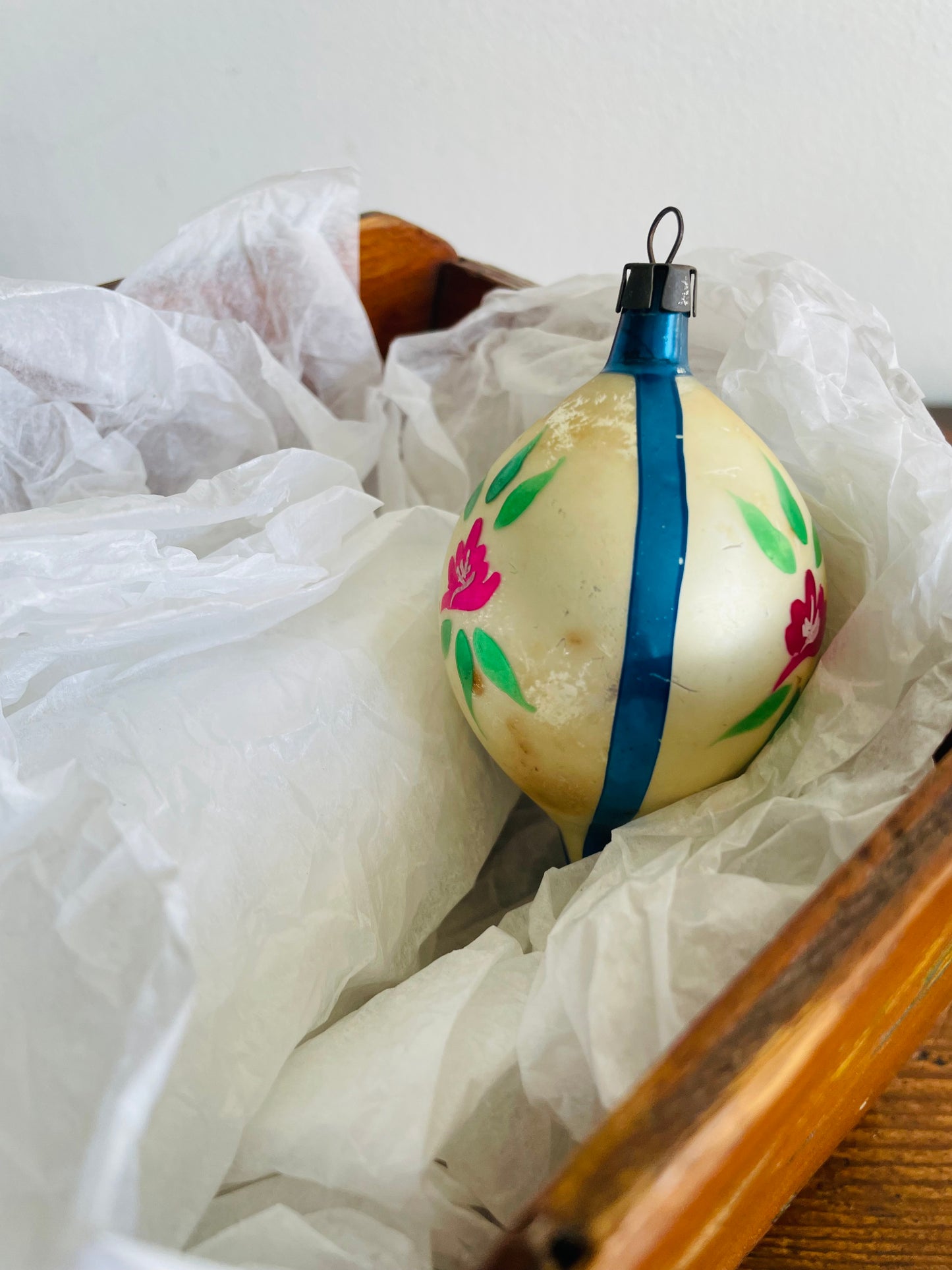 Blue & White Glass Ornament with Flower Design