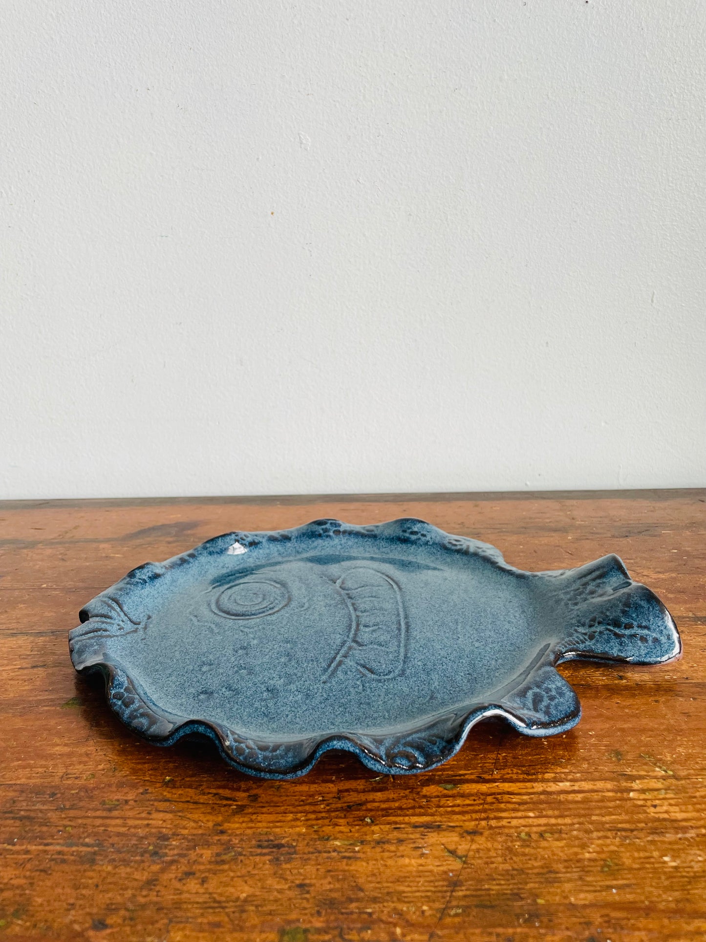 I'll Have the Fish Platter! Vintage Studio Art Pottery Wavy Speckled Blue Fish Plate - Artist Signed