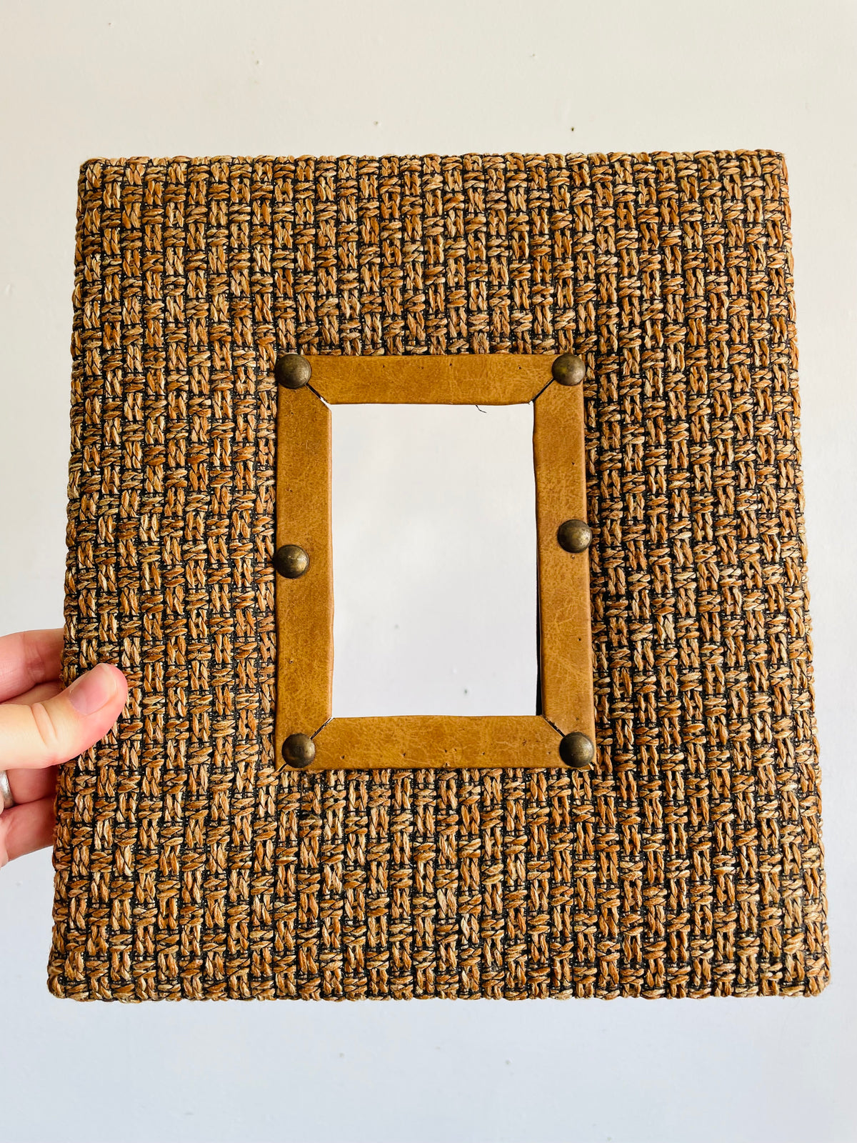 Vintage Unique Hanging Picture Frame with Earthy Brown Tones - Woven Textured Fabric, Leather & Brass Rivets with Aged Patina - 2.75" x 4" Photo Size