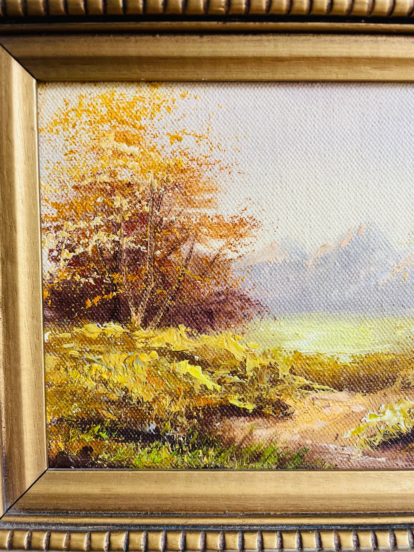 Original Art Painting of Landscape Scene in Gold & Cream Wood Frame