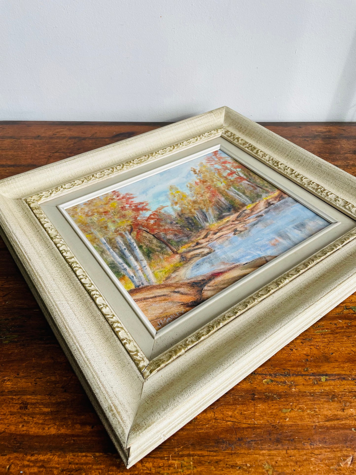 Vintage Original Art Painting Picture in Gold & White Wood Frame - Hudson Point on Lake Muskoka - Artist Signed