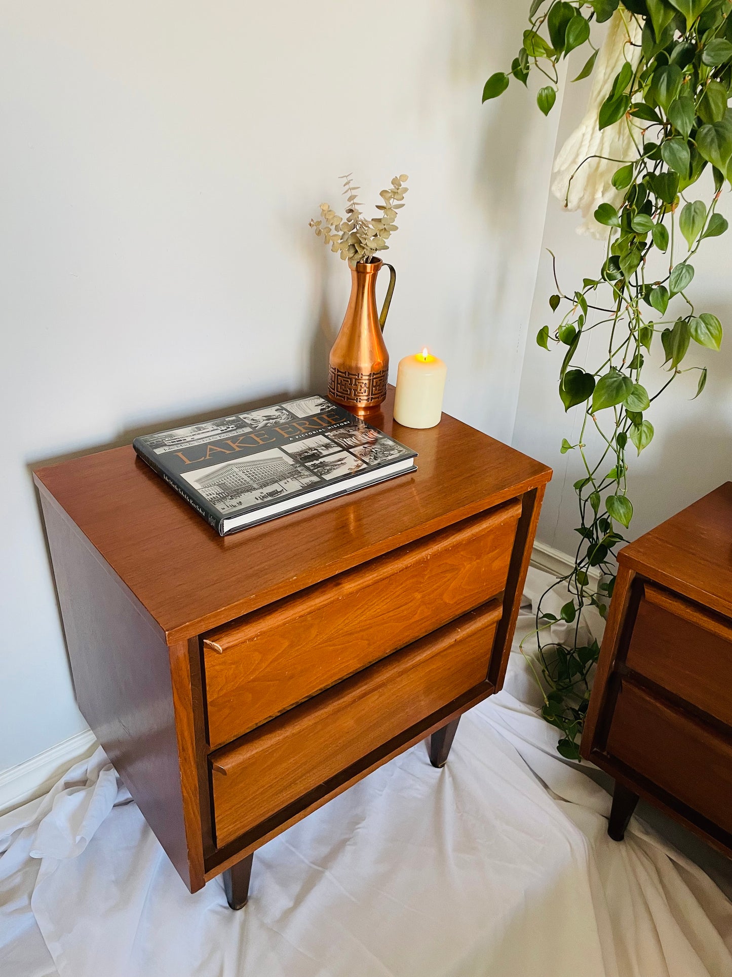 Mid-Century Modern Walnut Wood Nightstand Tables - Set of 2 - Stamped September 1966 - PICK-UP ONLY