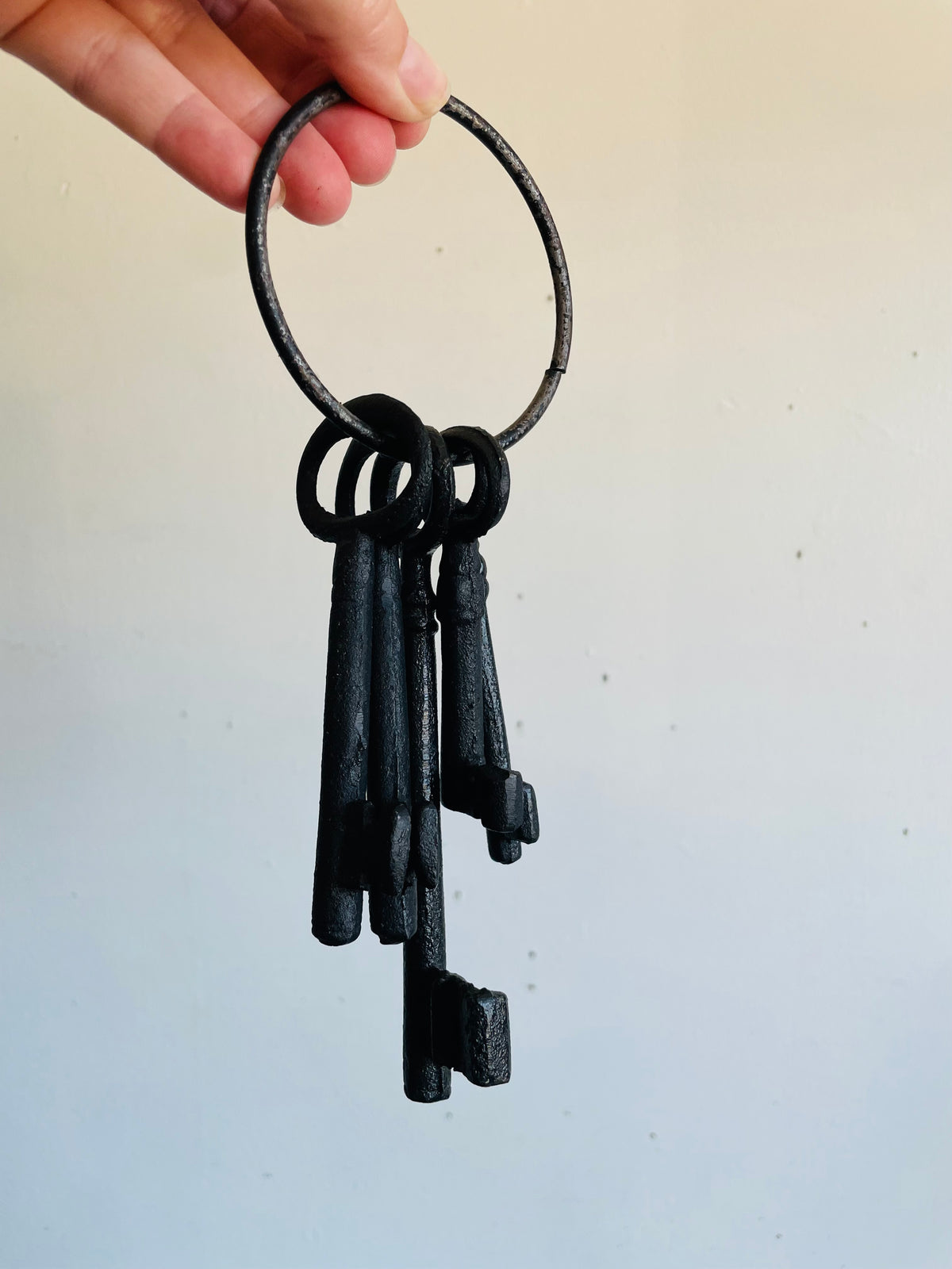Vintage Black Cast Iron Oversized Ring of Five Skeleton Keys