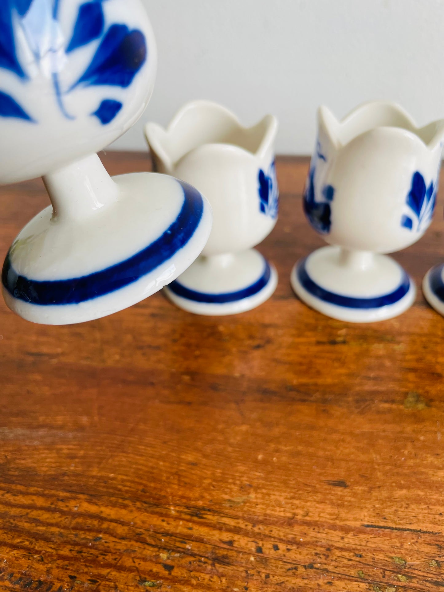 Vintage Hand Painted Delft Blue Tulip Shaped Egg Cup Holders with Flower & Windmill Design - Set of 6