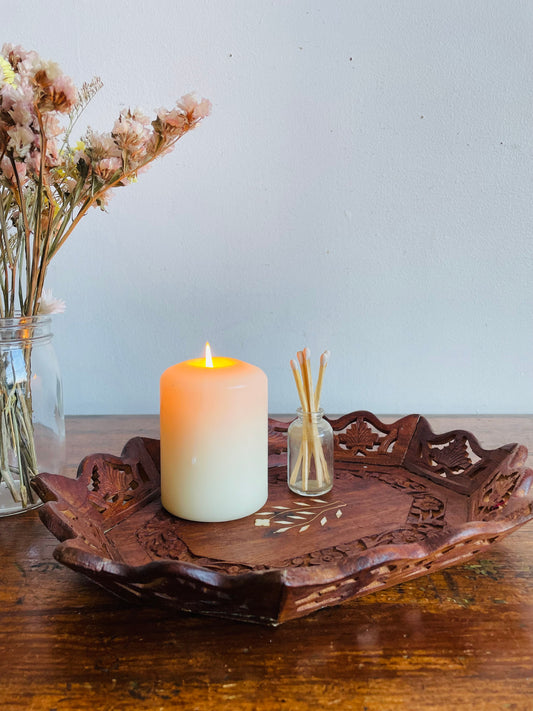 Vintage Carved Indian Rosewood Tray Dish with Inlay Design - Vanity, Bathroom, Jewellery, Candle, Etc.