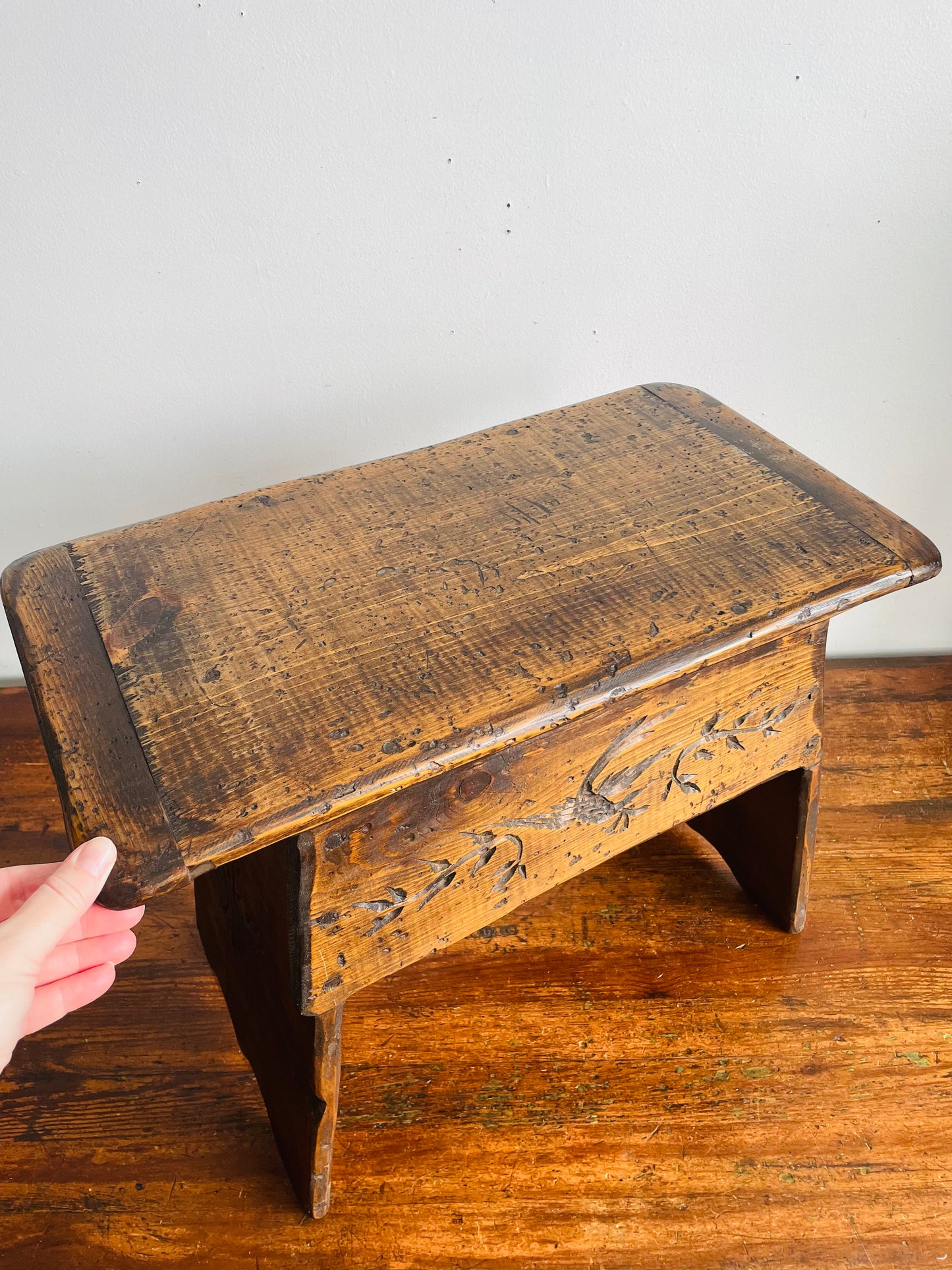 Vintage Wooden Stool Bench or Short Side Table with Carved Bird & Leaf Design - No Shipping