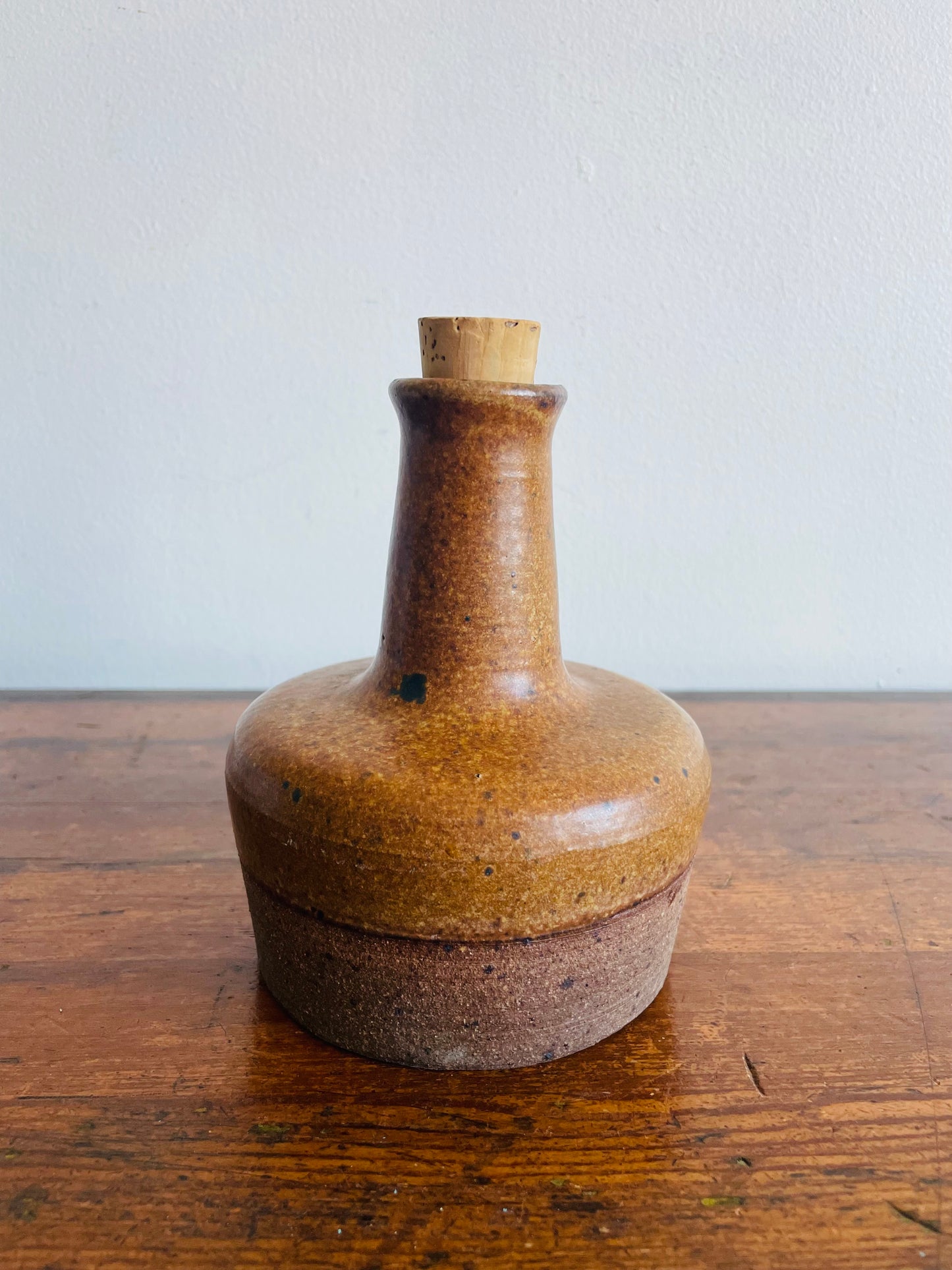 1971 Studio Art Pottery Speckled Brown Stoneware Liquor Decanter Set with 4 Shot Glasses