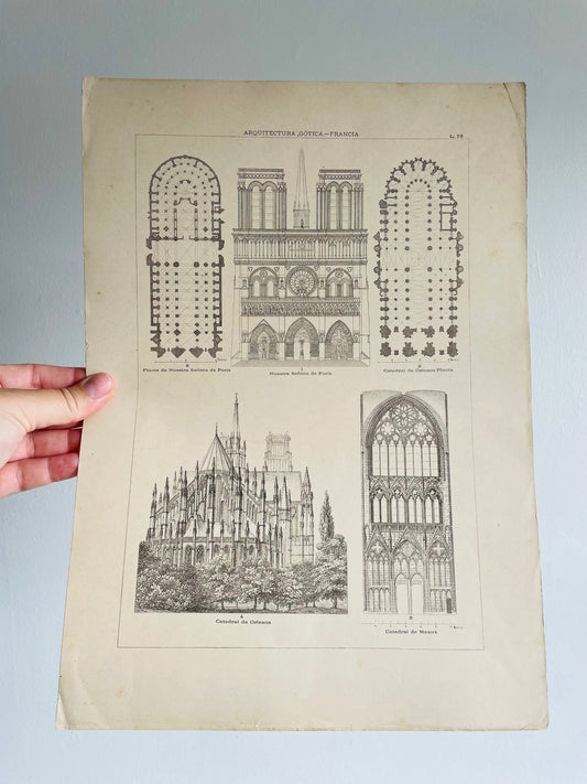 Gothic Architecture of France Page Print from Book # 1 - Found in Lisbon, Portugal