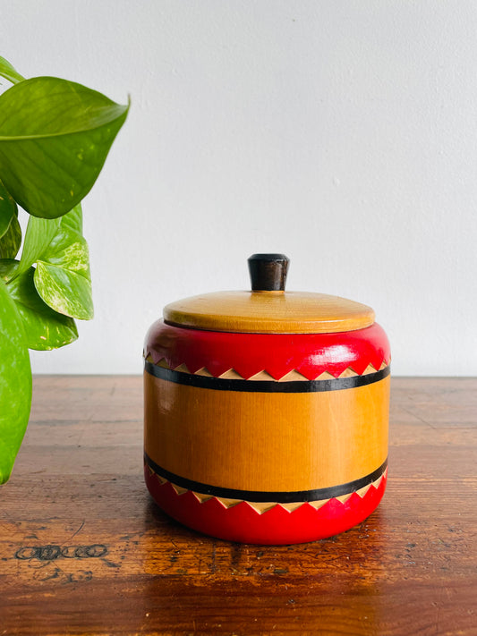 Eastern European Round Wooden Trinket Box with Lid & Handle