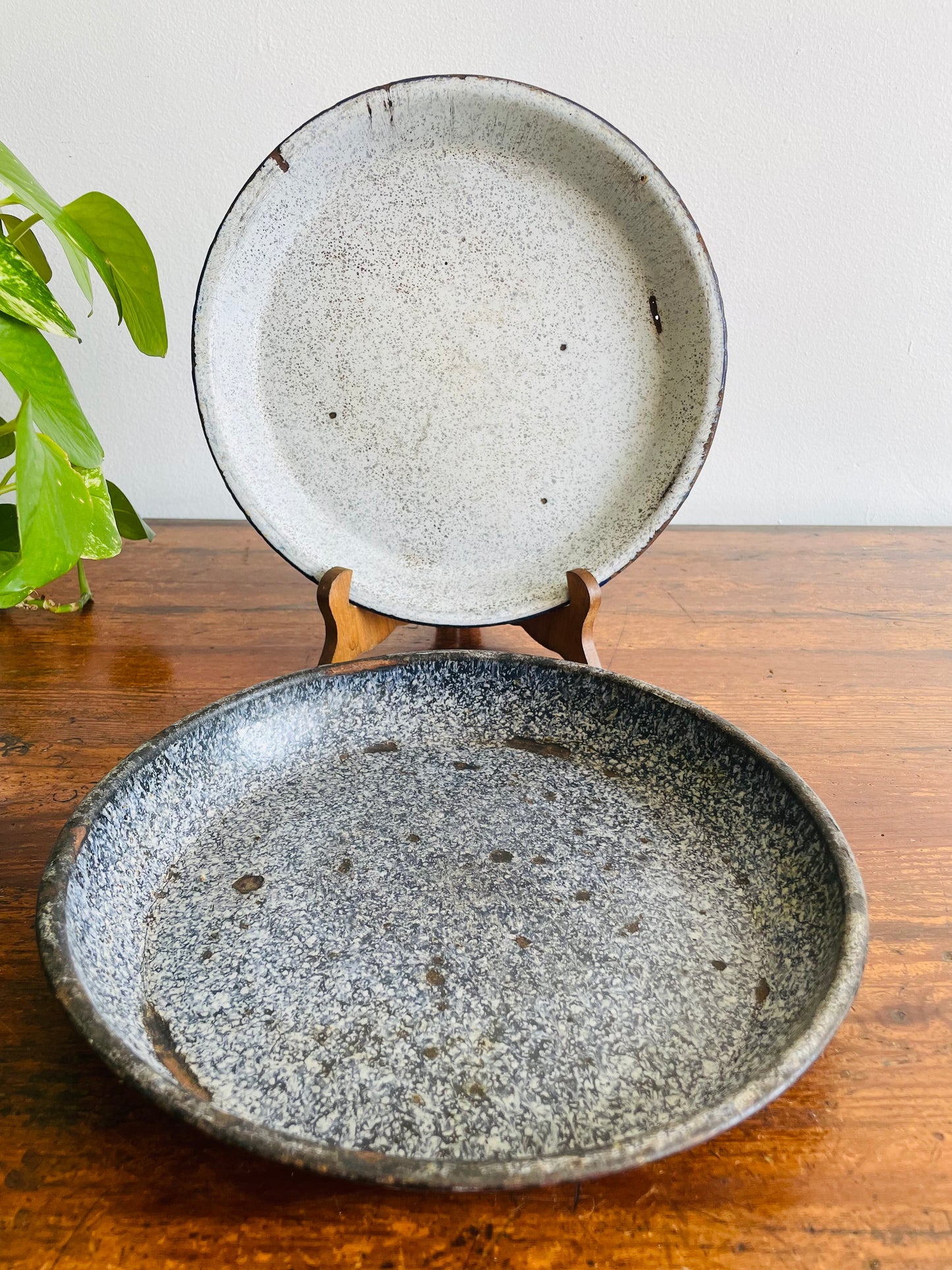 Pair of Graniteware Enamelware Pie Dishes or Plates - Speckled White & Blue - Set of 2