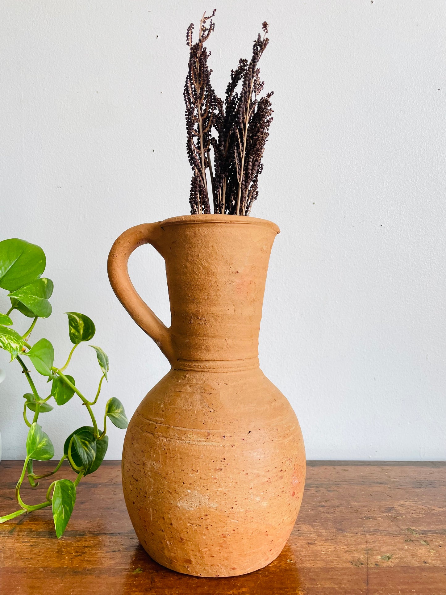 Vintage Rustic Earthenware Terracotta Clay Pitcher Jug Vase with Handle