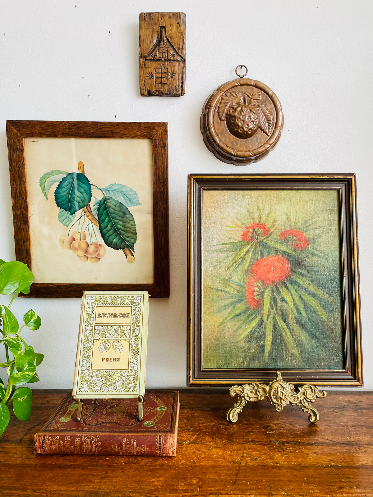 Vintage Solid Copper Round 6" Jelly Mold Wall Hanging with Botanical Raspberry Fruit Design