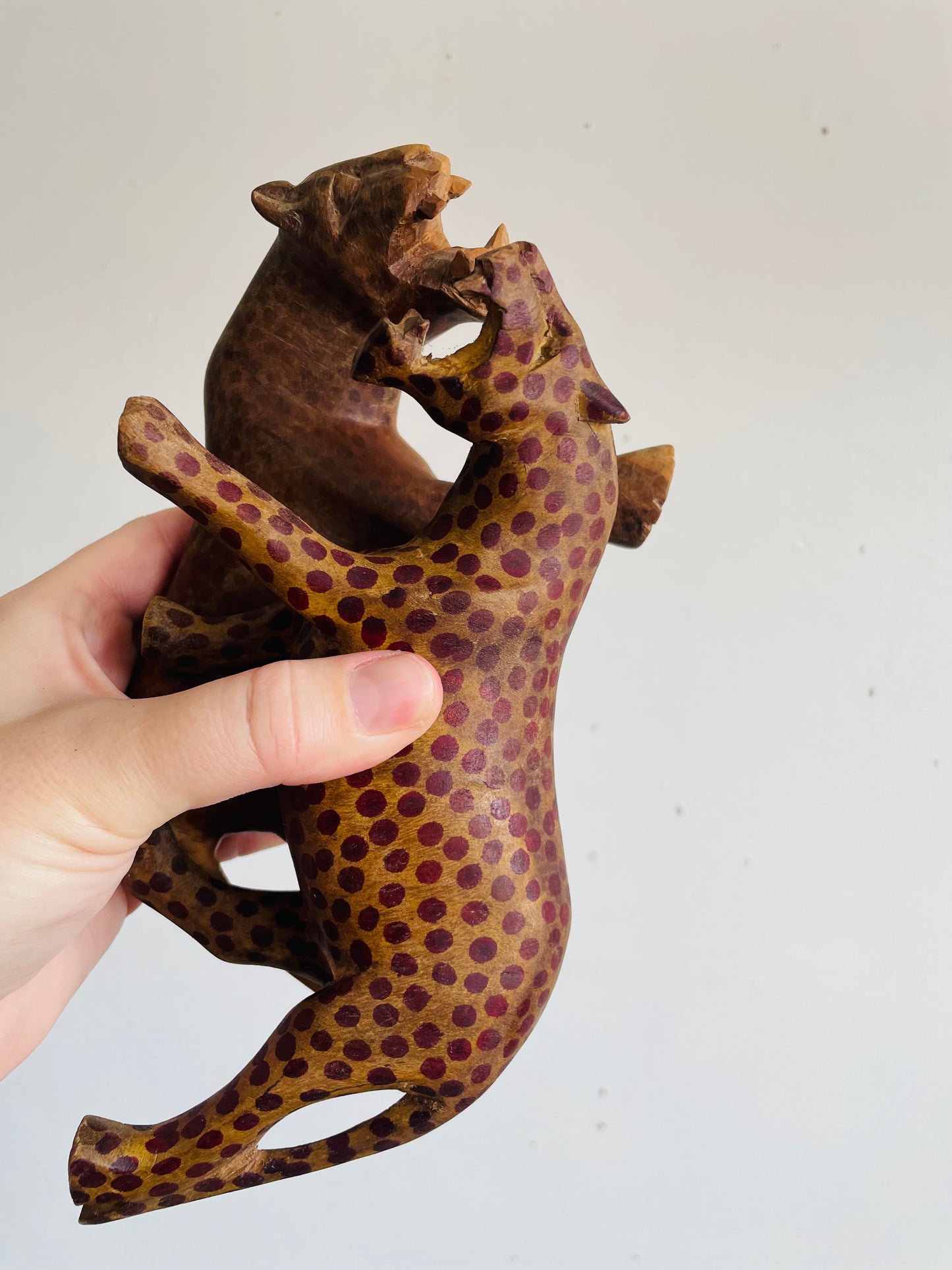 Vintage Hand Carved Wood Prowling Spotted Leopard Big Cats - Set of 2