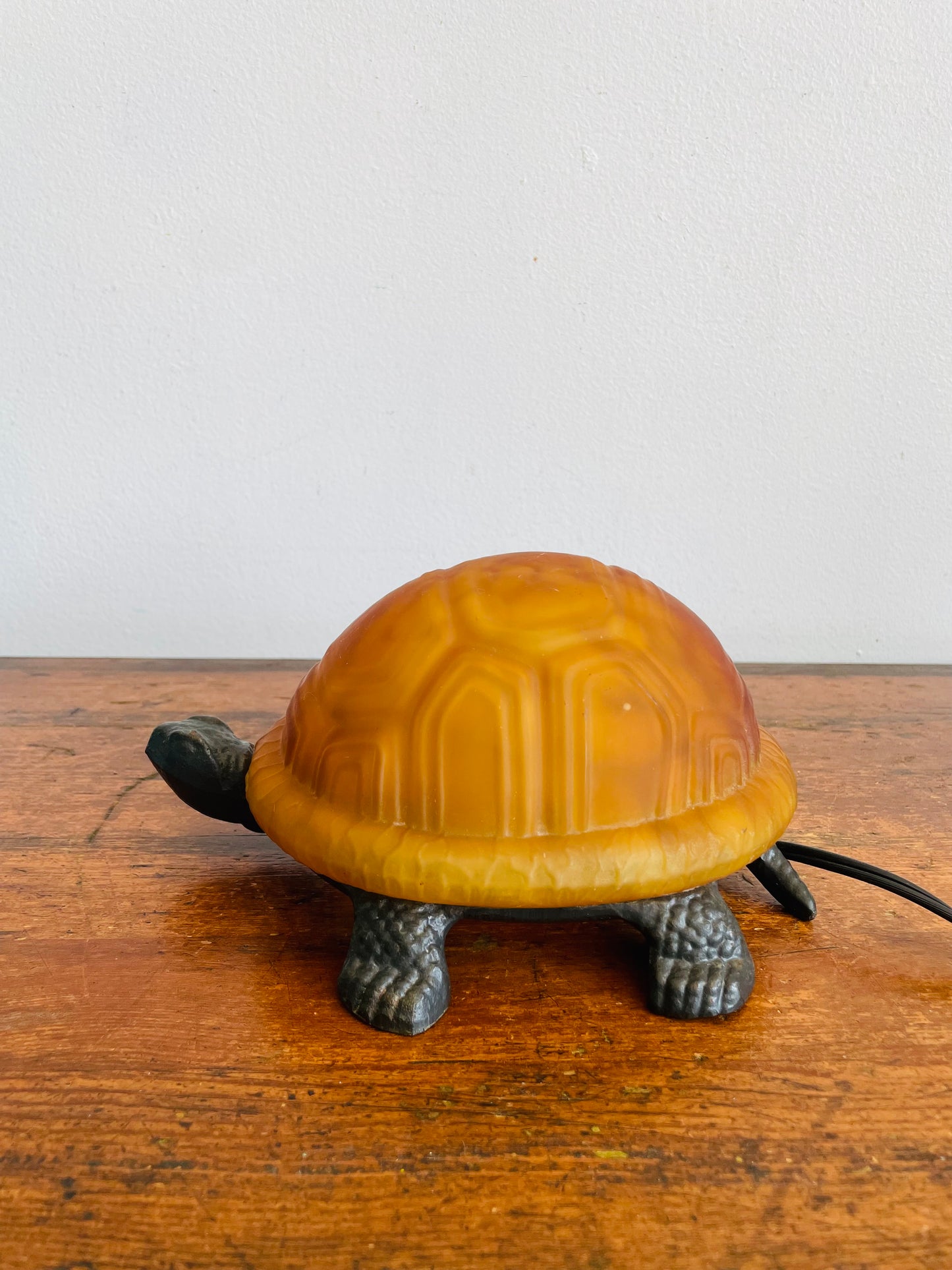 Vintage Cast Metal & Amber Glass Turtle Lamp - Tested / Works!