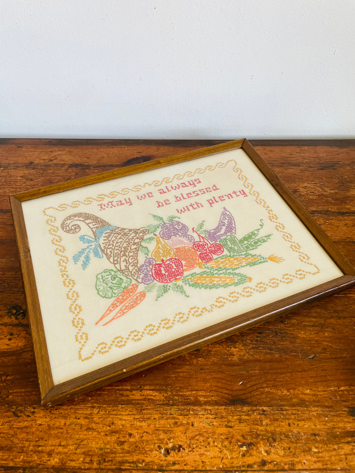 Vintage 1969 Cross Stitch Embroidery Picture - May We Always Be Blessed With Plenty - Made By “Granny Stebbel” at 80 Years Old