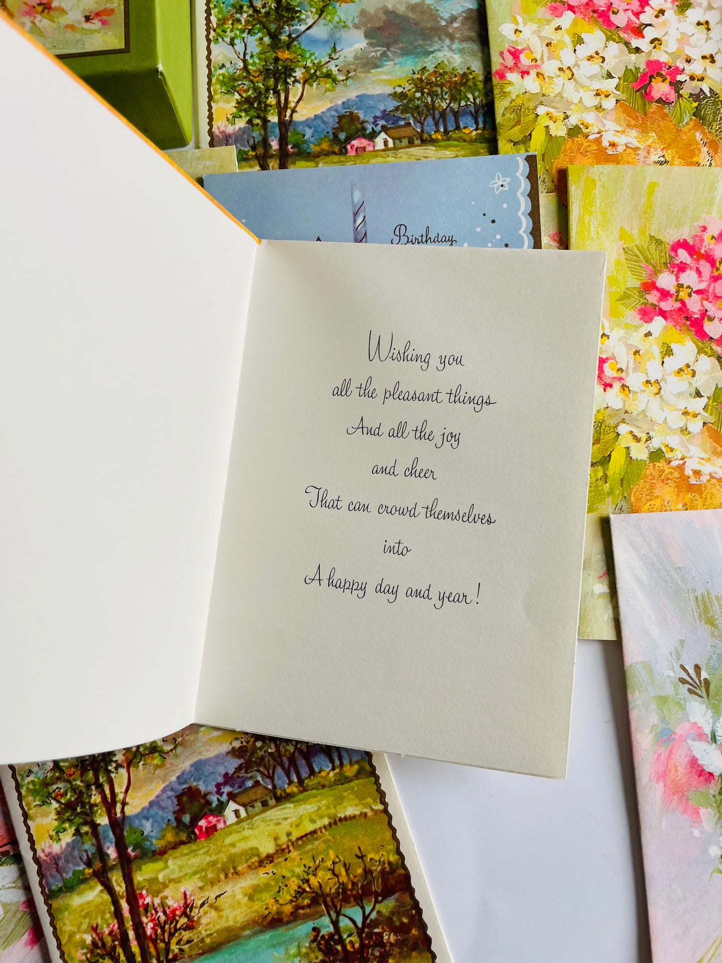 Vintage Box of Unused Assorted Greeting Cards for All Occasions - Floral & Cheerful Colourful Theme - Set of 15 with Envelopes