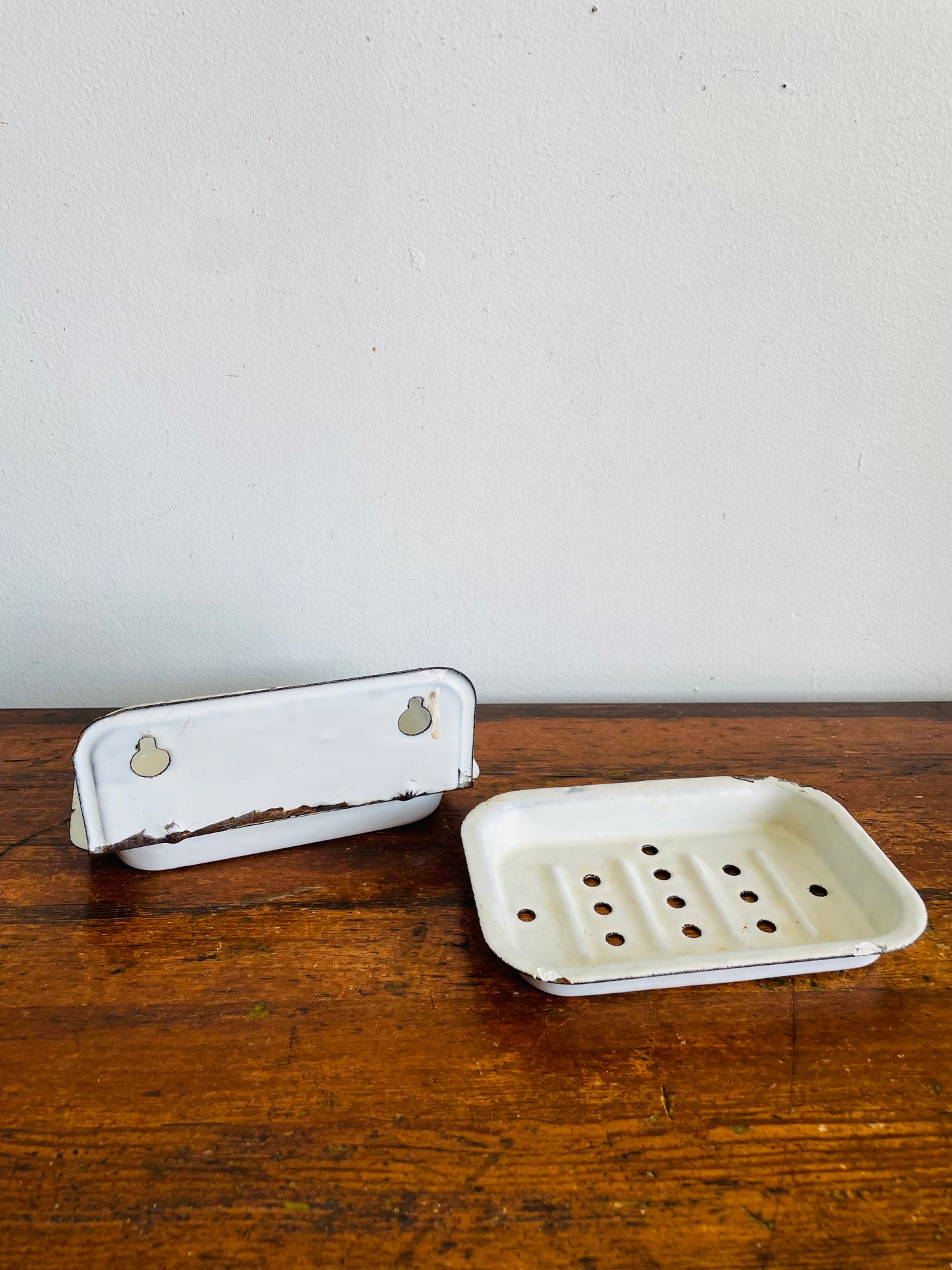 Vintage White Enamel Wall Mount Two Part Soap Dish - Removable Drainage Tray  - Can Stand or Hang - Modern Cottage Farmhouse
