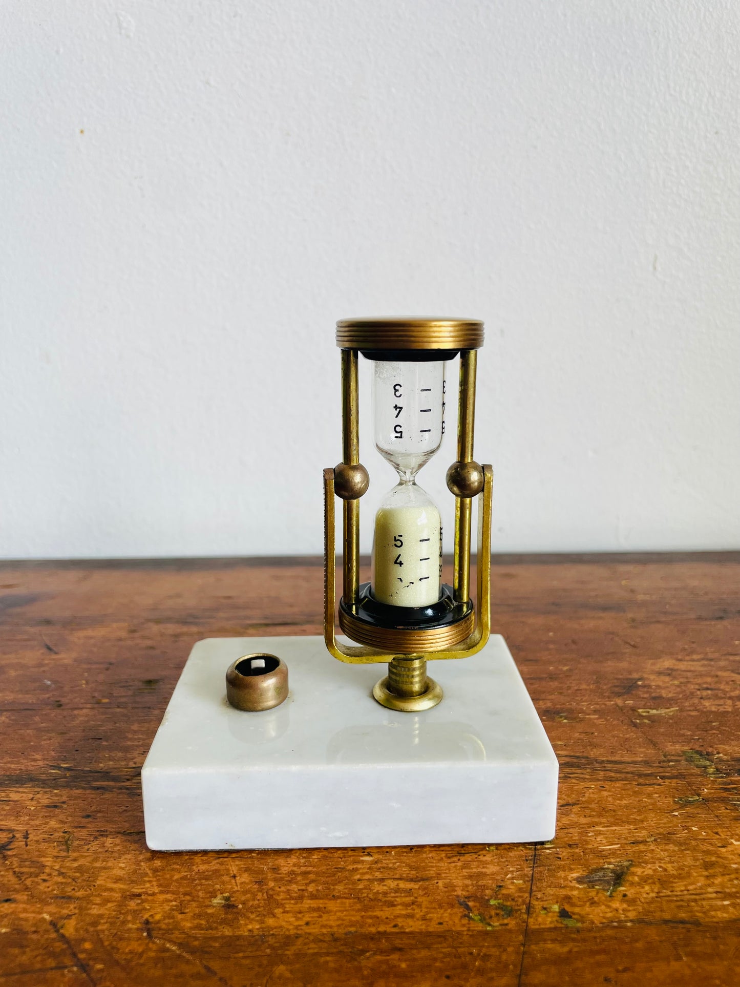 Vintage Brass & Glass Rotating Swinging Hourglass with White Sand on Marble Stone Base - Stylish & Useful!