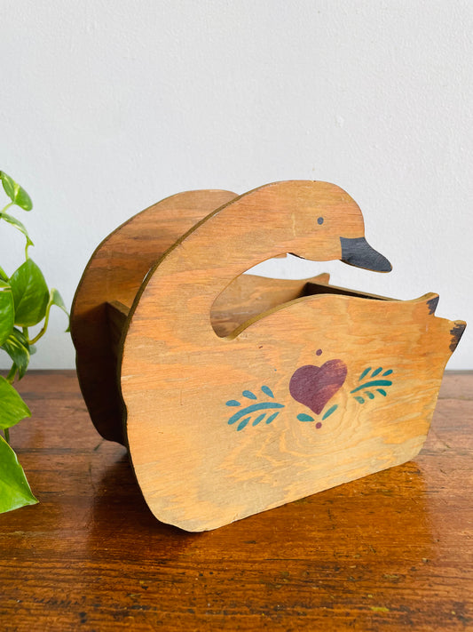Vintage Folk Art Wood Swan Caddy Box Holder with Heart & Leaf Design - Trinkets, Planter, Napkins, Etc.