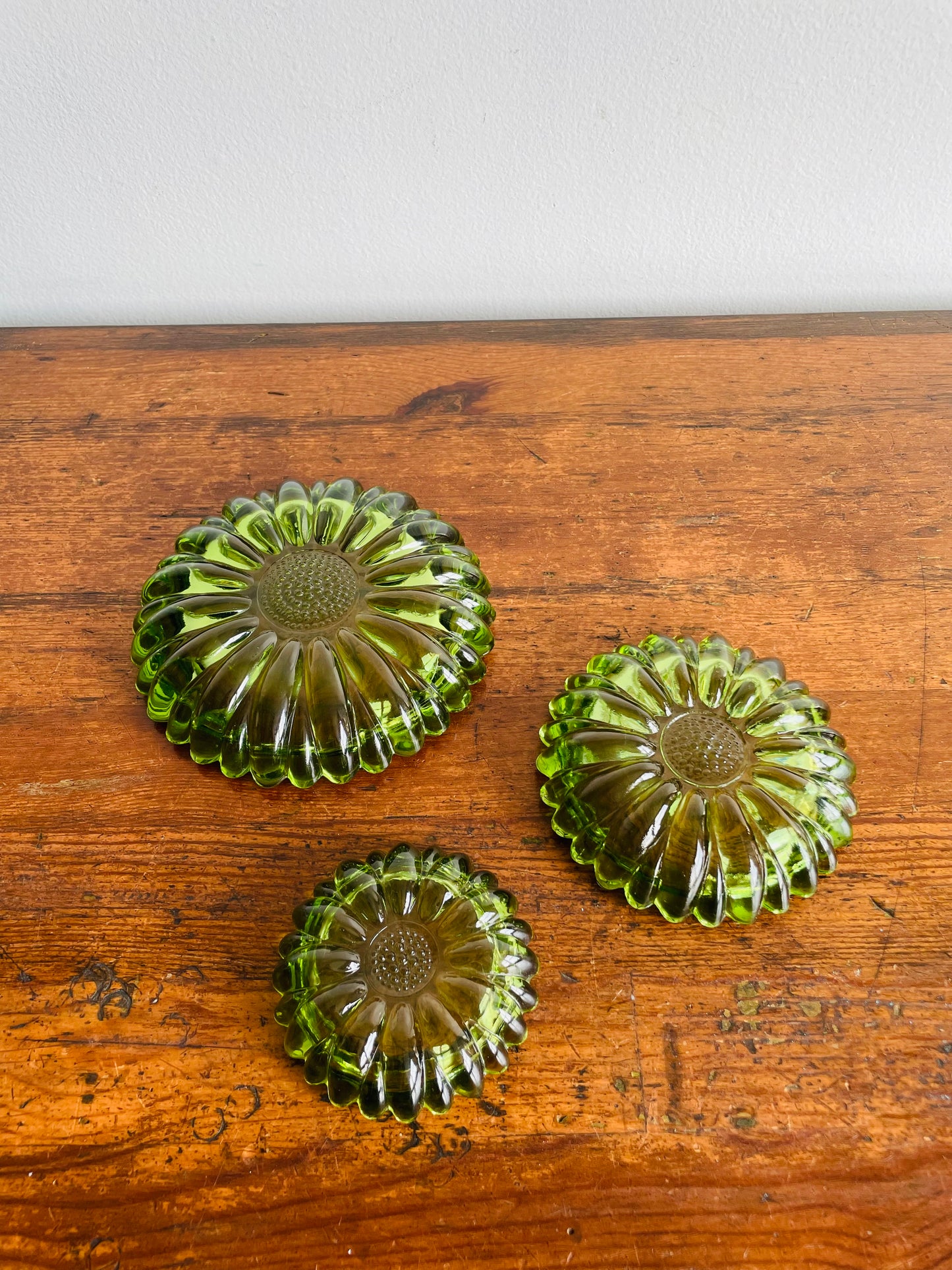 Hazel Atlas Green Glass Nesting Flower Ashtrays or Trinket Dishes in Solid Brass Holder - Set of 4 Pieces