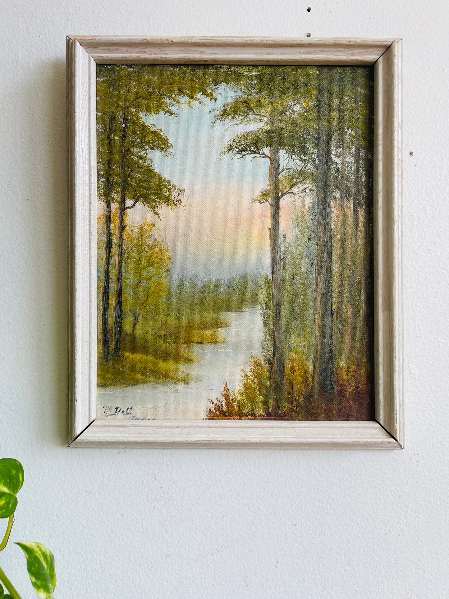 Vintage Original Art Painting Picture of Stream Through Forest in White Wood Frame - Artist Signed