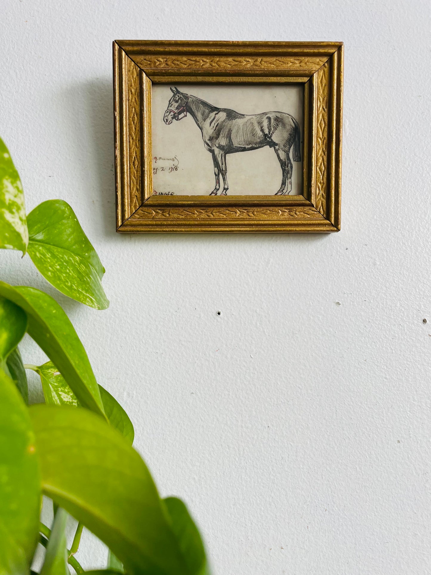 Antique Original Art Miniature Sketch Pencil Drawing Picture in Gold Wood Frame - Artist Signed - Dad's Horse - May 2, 1918