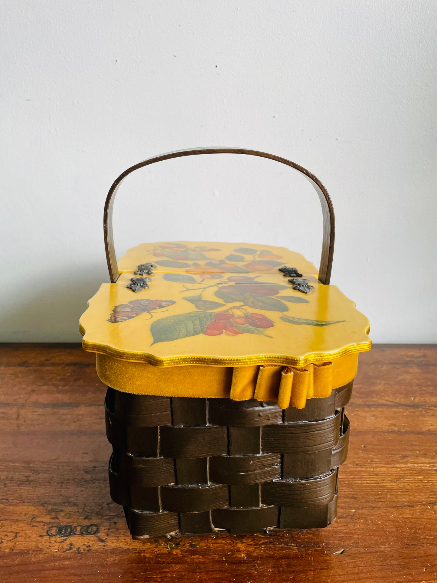 Vintage 1972 Wood Woven Decoupage Basket Purse or Storage Container with Botanical Fruit & Butterfly Design - Artist Signed - Angie 9/72