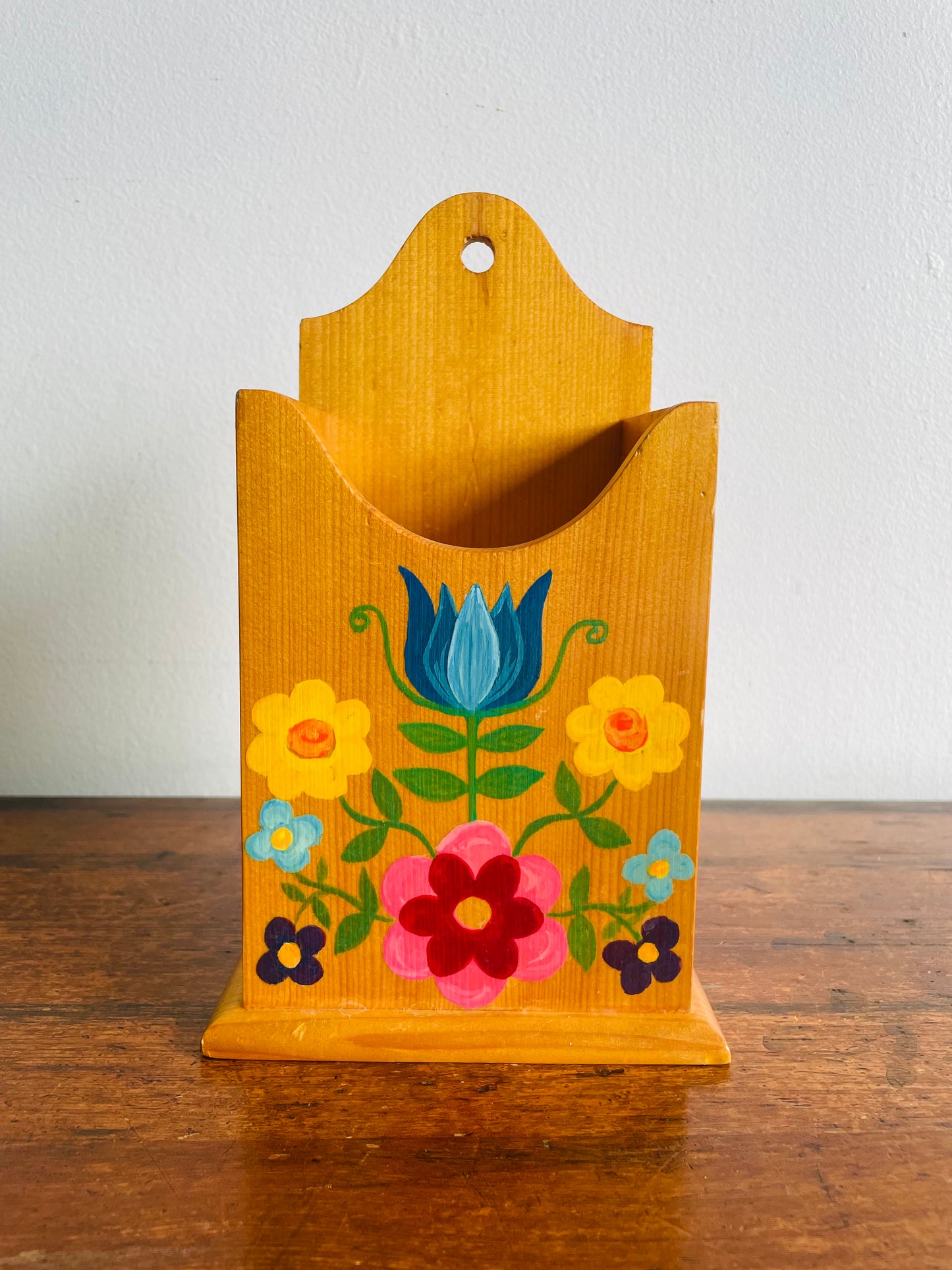 Wooden Box Holder with Hand Painted Folk Art Flower Design - Can Hang or Stand