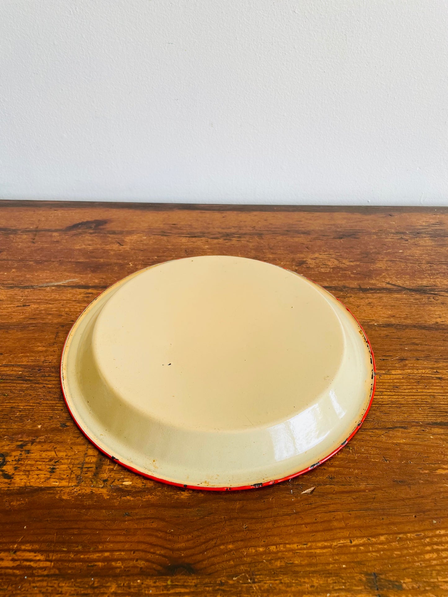 Cream Enamelware 9.75" Shallow Pie Dish or Rimmed Plate with Red Rim