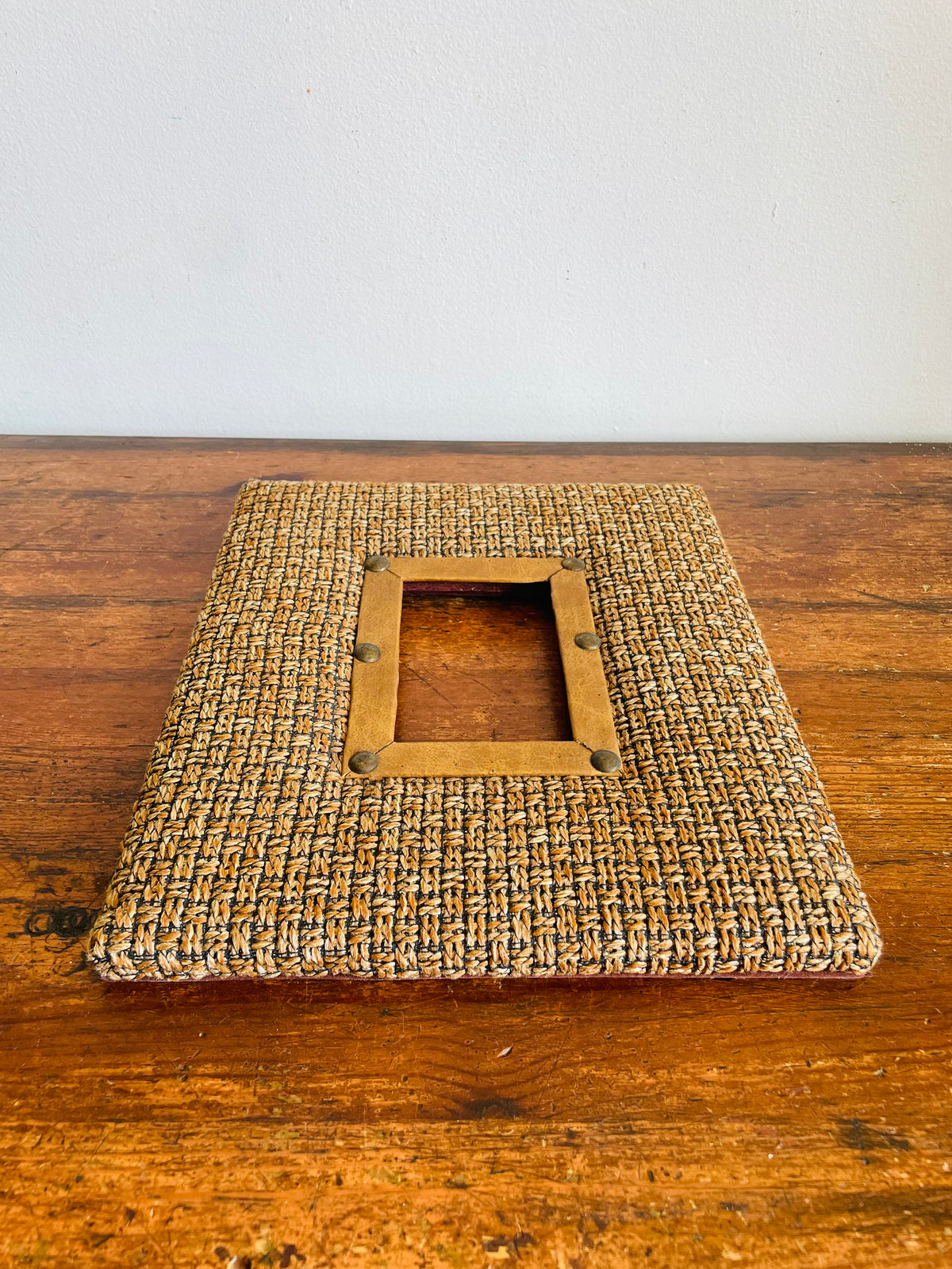 Vintage Unique Hanging Picture Frame with Earthy Brown Tones - Woven Textured Fabric, Leather & Brass Rivets with Aged Patina - 2.75" x 4" Photo Size