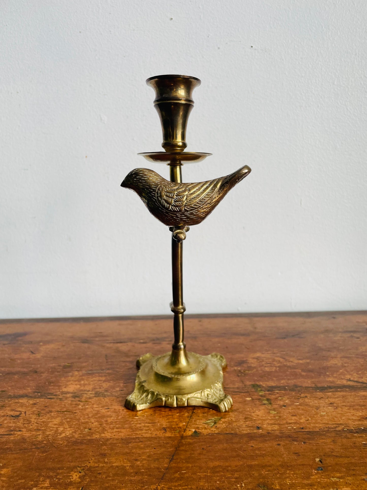 Vintage Solid & Heavy Brass Candle Holder with Branches & Perched Bird on Ornate Footed Base