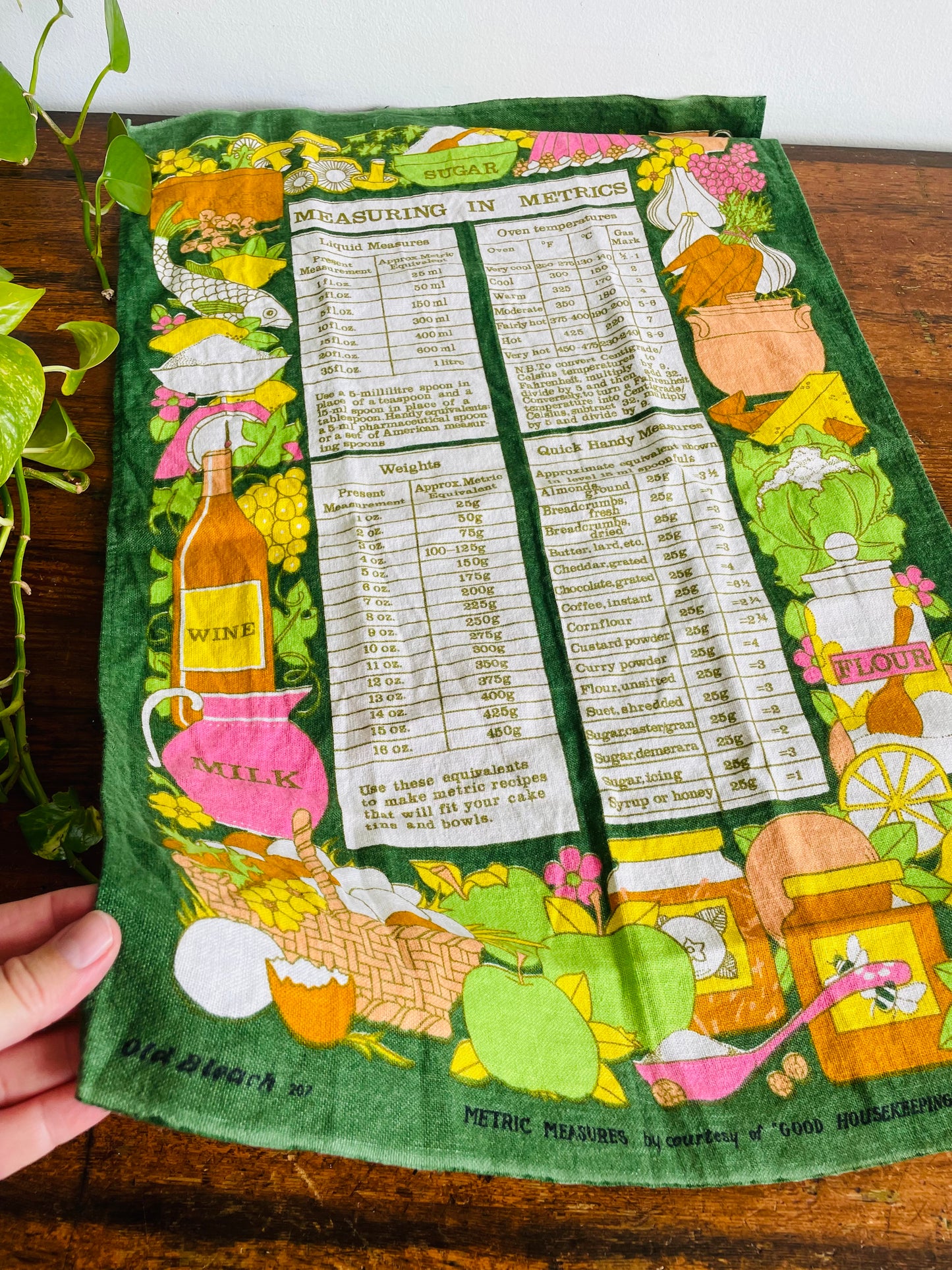 Vintage Irish Linen Tea Towel with Measuring In Metrics Guide & Adorable Bright Graphics - Old Bleach Made in Ireland