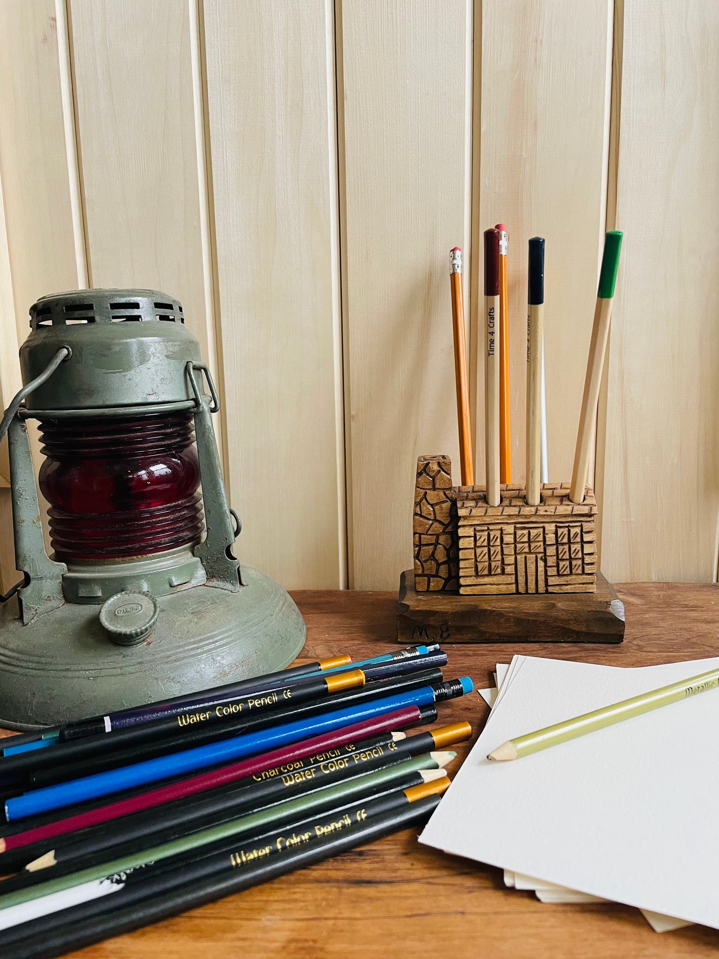 Handmade Carved Wood Log Cabin Pen or Pencil Holder