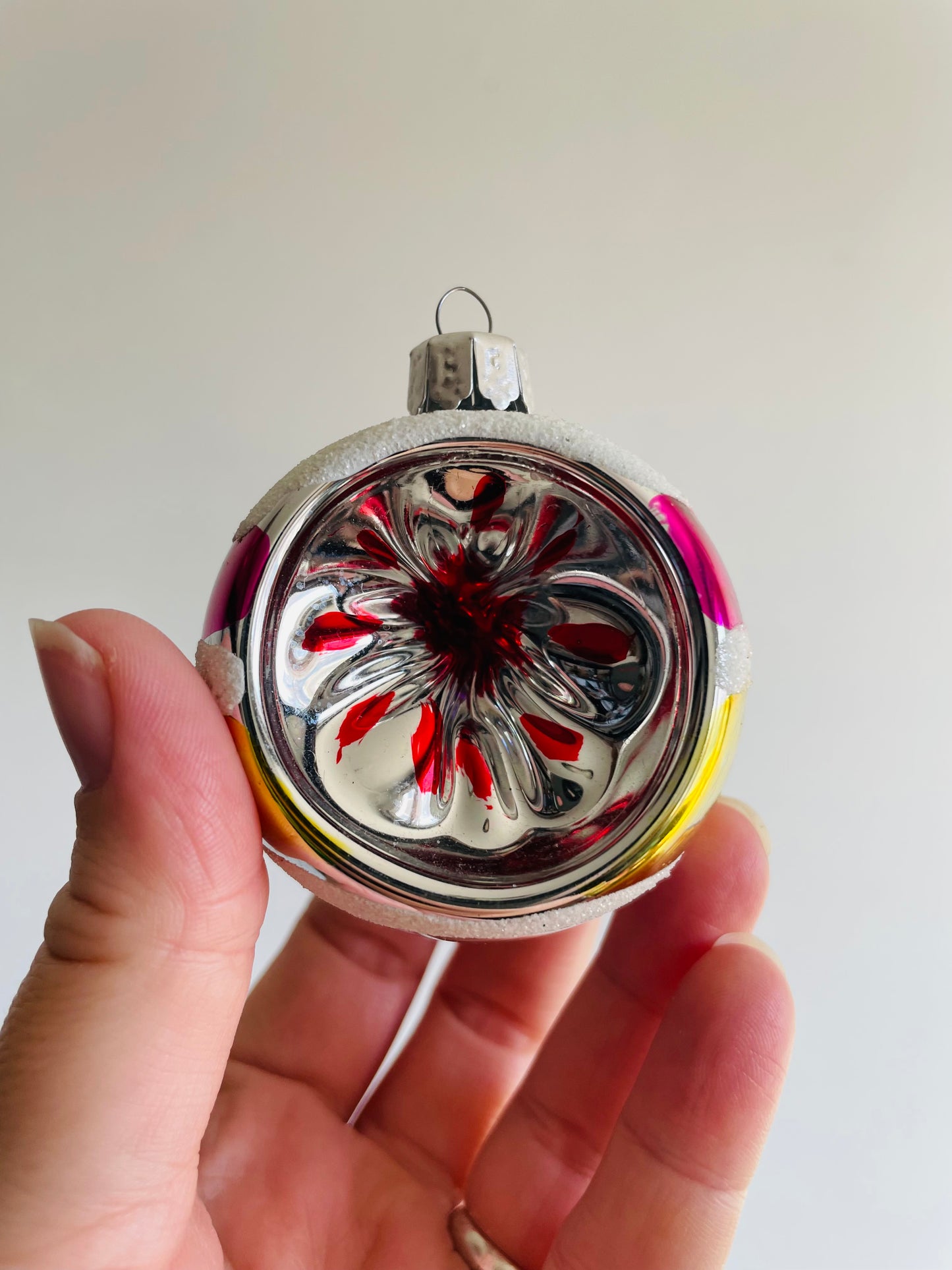 Pink, Yellow & Frosted Glitter Striped Glass Indent Ornament