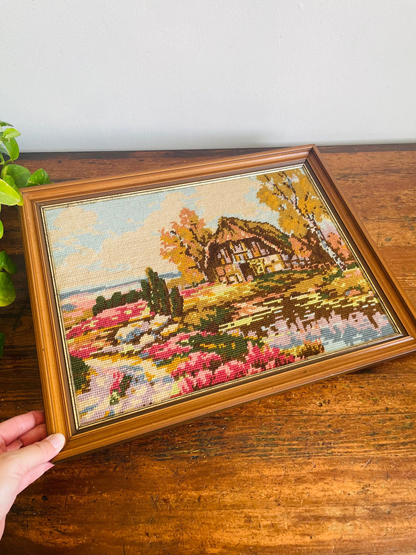 Vintage Needlepoint Embroidery Picture of Thatched Roof Cottage in Countryside with Beautiful Gardens