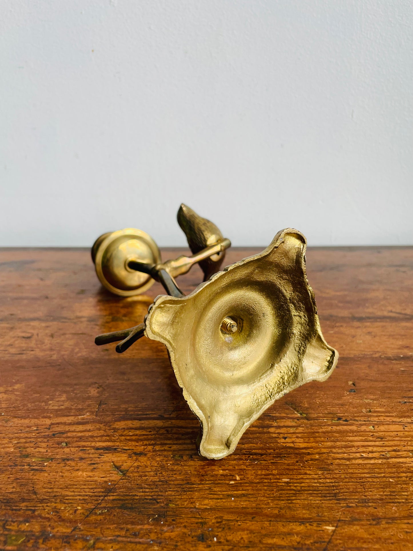 Vintage Solid & Heavy Brass Candle Holder with Branches & Perched Bird on Ornate Footed Base