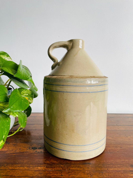 12.5" Tall Stoneware Crock Jug with Blue & White Bands and Handle